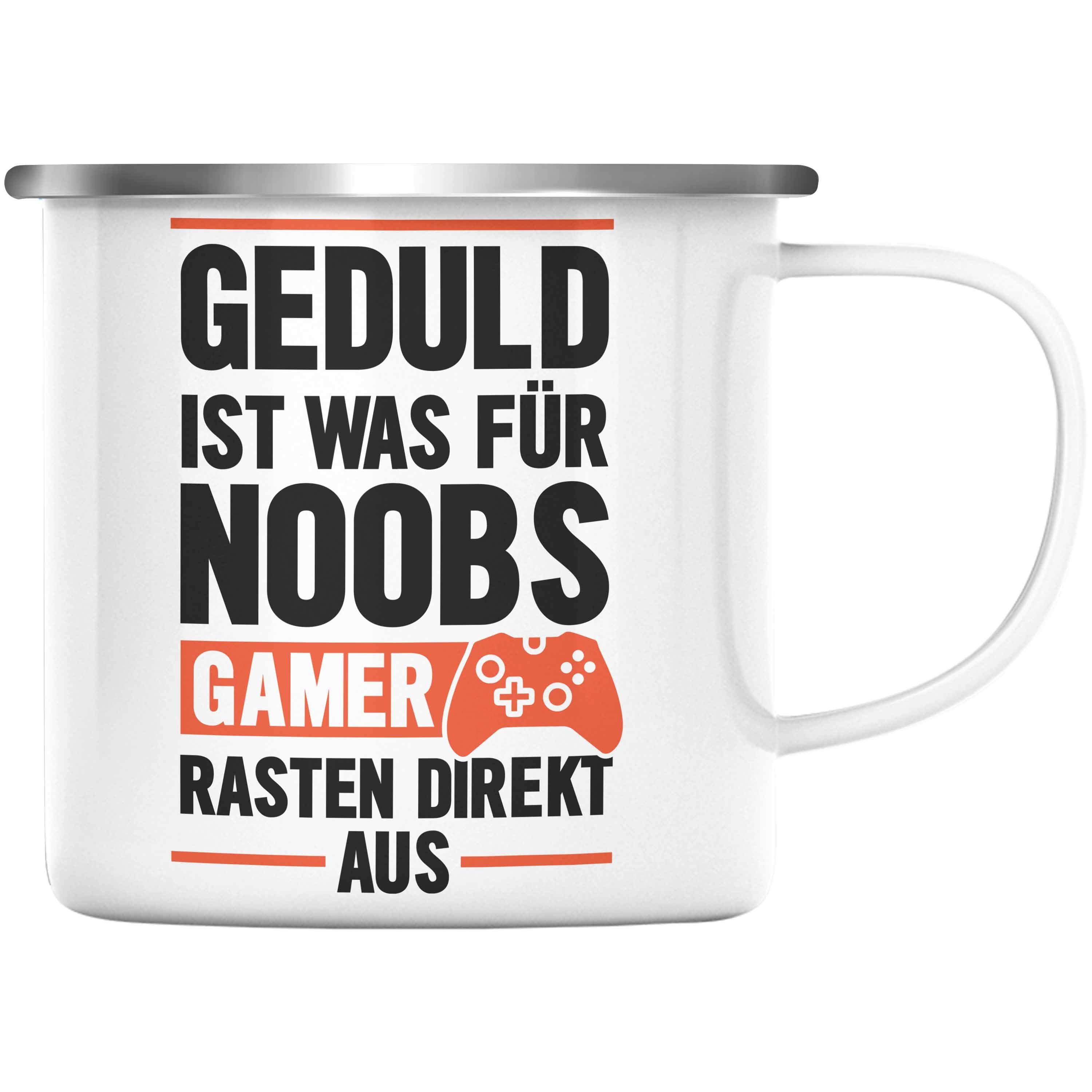 Trendation Thermotasse Trendation - Gamer Spruch Emaille Tasse Controller Geschenk - Geduld Ist Was Für Noobs - Zocker Emaille Tassen Geschenk Jungs Jungen Gaming Silber