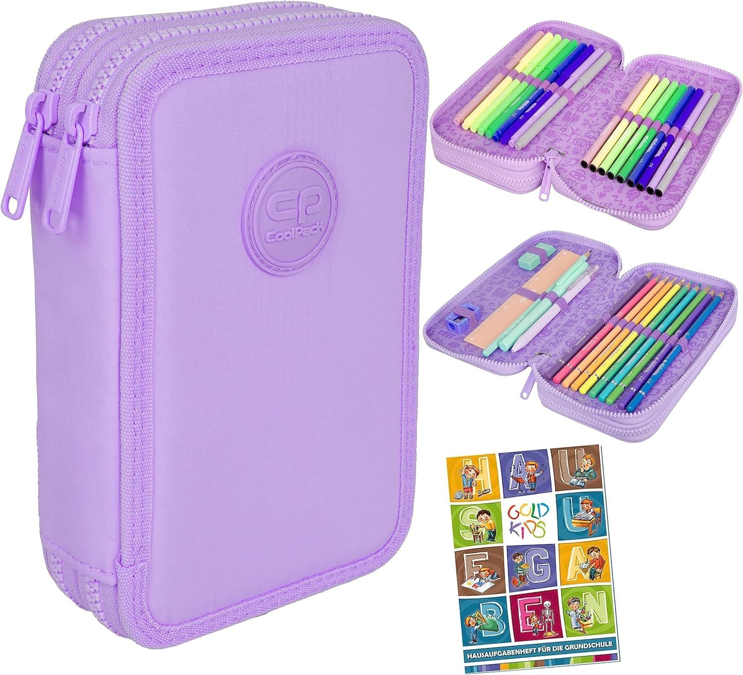 GOLDKIDS Federmäppchen COOLPACK 2-fache Federtasche Federmappe, (34-teilig Schüleretui Stifte und Pinsel, inkl. Aufgabenheft Federbox Etui), Stiftetasche Schlamper-Etui Schul-Etui