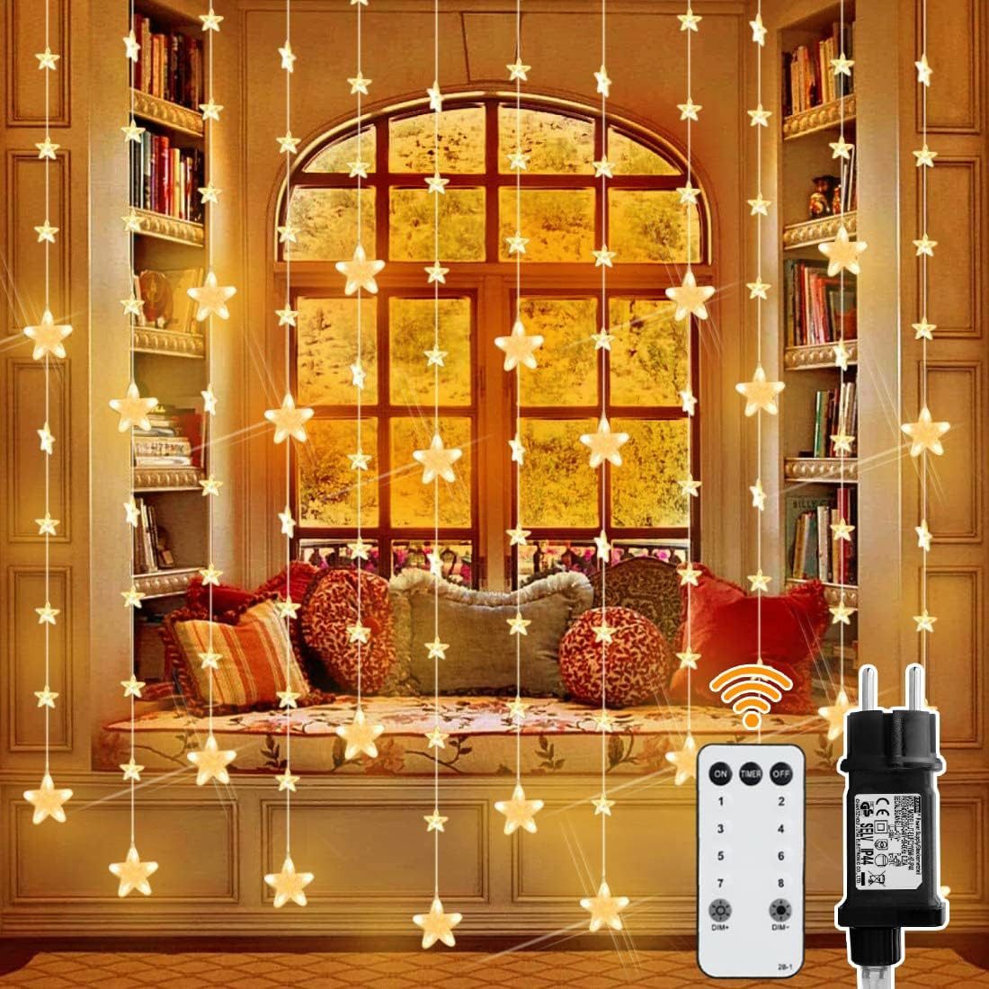 XERSEK Lichtervorhang 144 Stern LED Гирлянды IP44 Weihnachtesbeleuchtung Deko Vorhang, 8Modi, Dimmbar, mit Haken, Warmweiß, Weihnachten