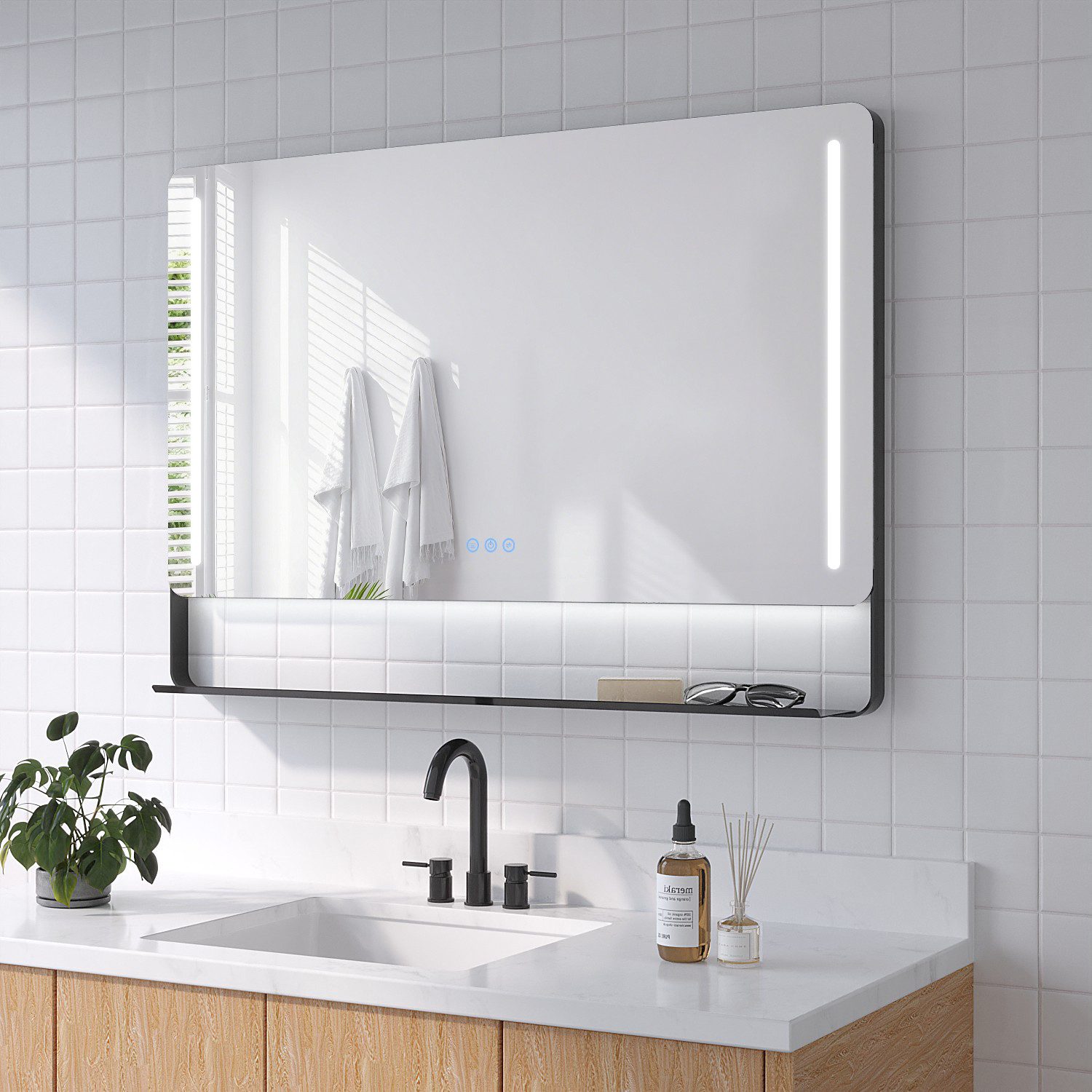 AQUABATOS Wandspiegel Badspiegel Badezimmerspiegel mit LED Beleuchtung Ablage Lichtspiegel, 100x70cm,dimmbar,Kaltweiß/Neutralweiß/Warmweiß,Anti-Beschlag,Schwarz