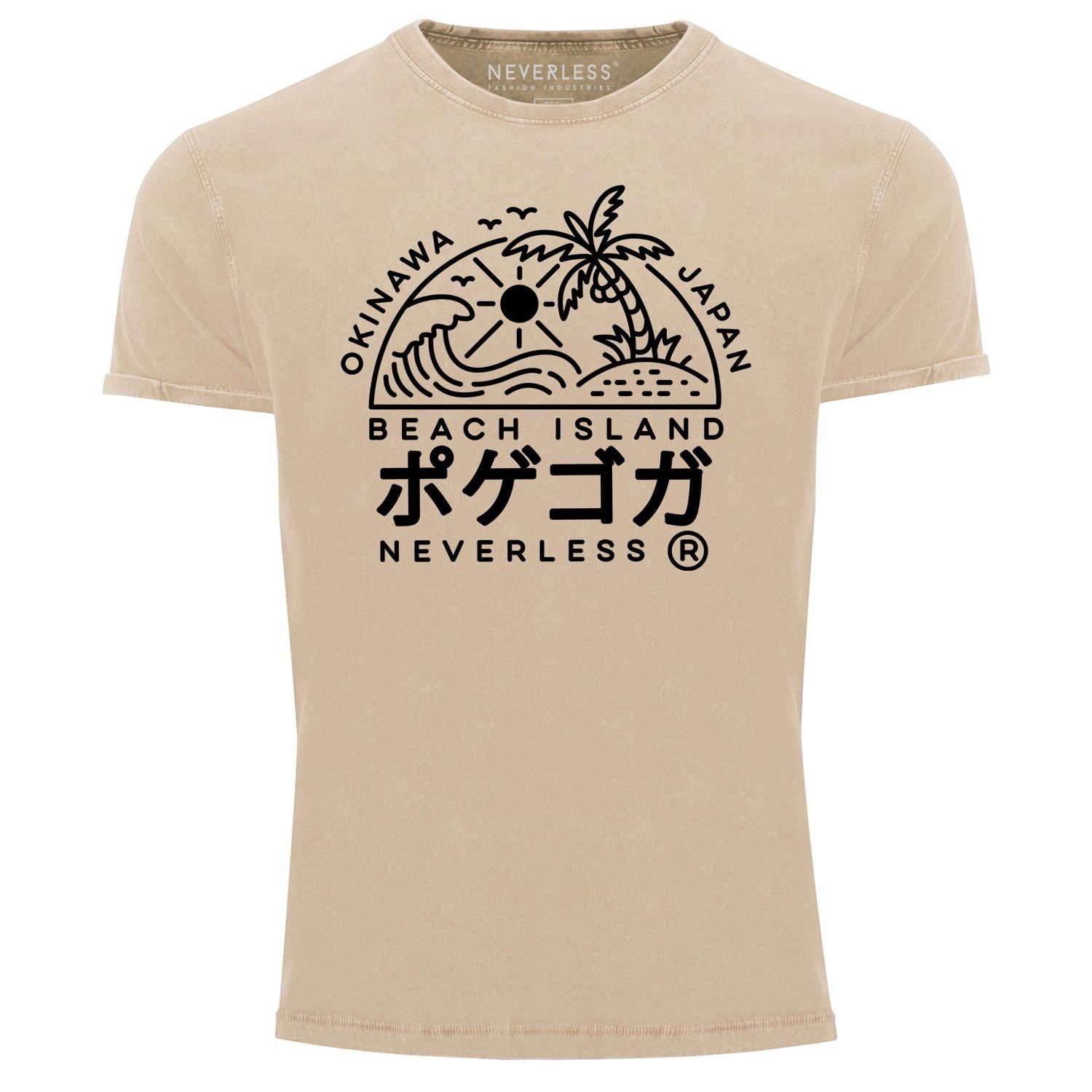 Print-Shirt Herren Vintage Shirt Japan Okinawa Beach Island Schriftzeichen