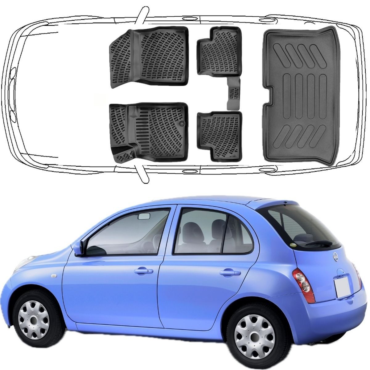 Trimak Passform-Fußmatten Oder Kofferraumwanne Oder Set für Nissan Micra, Nissan Micra 3. Gen. K12 2003-2010 Gummimatten Auto & Kofferraummatte