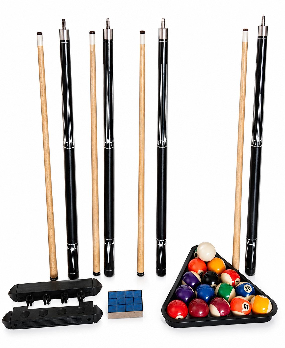 Billardqueue Billard Komplett Set - 4 Queues, Kugeln, Triangel, Wandhalter
