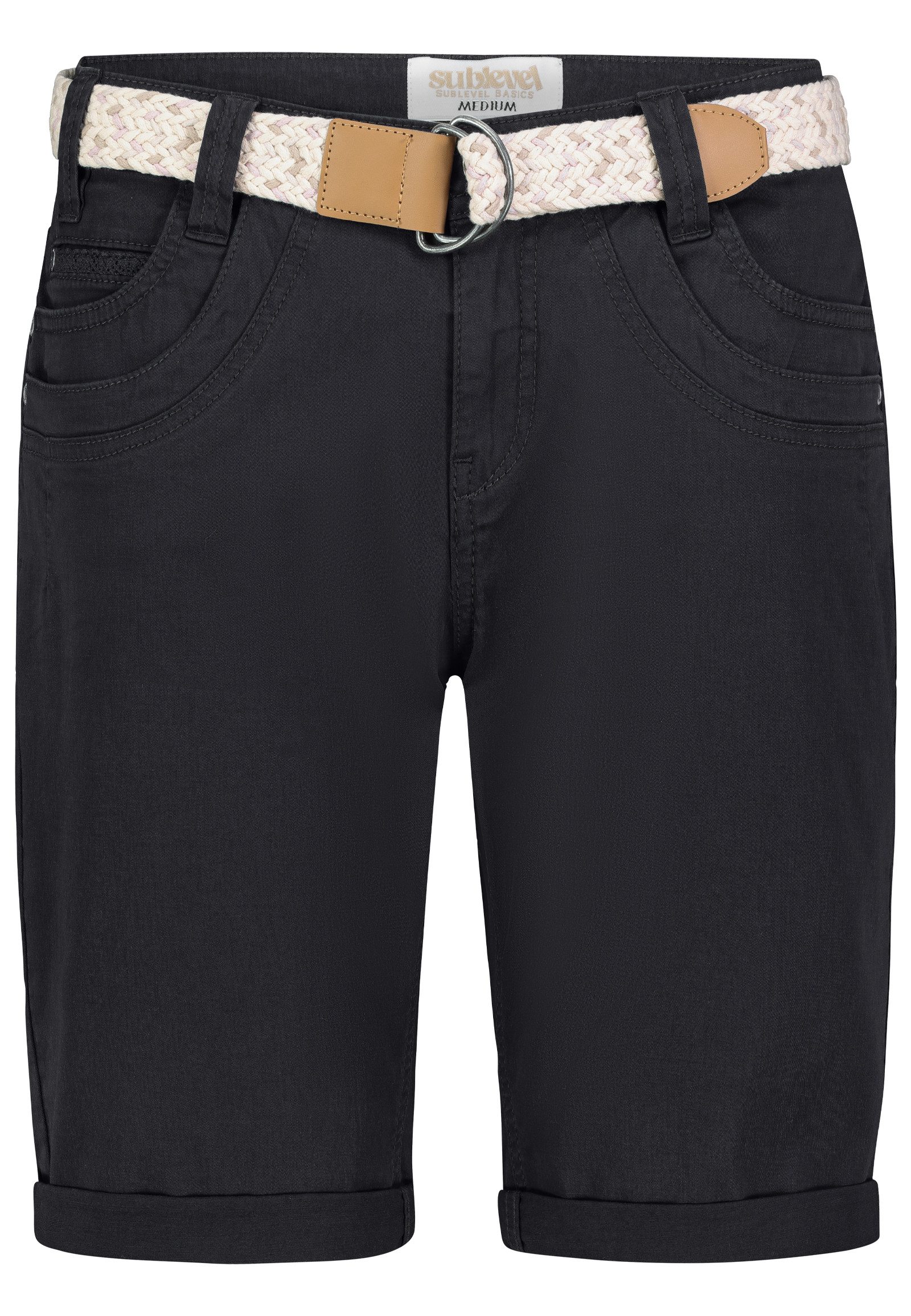 SUBLEVEL Bermudas Stretch Twill Chino Bermuda mit Gürtel und Spitzenakzent für Damen Baumwolle Regular Fit unifarben atmungsaktiv Reißverschluss