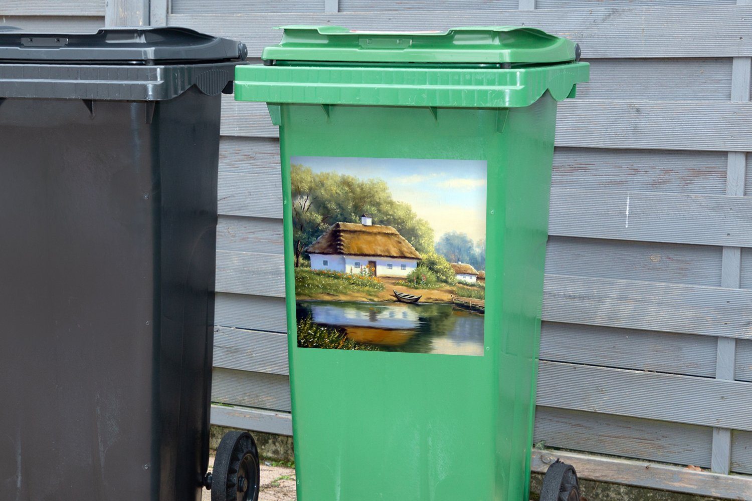 MuchoWow Wandsticker Malerei Sticker, - - Natur Mülltonne, (1 Abfalbehälter - Haus Container, Ölfarbe Mülleimer-aufkleber, - Wasser St)