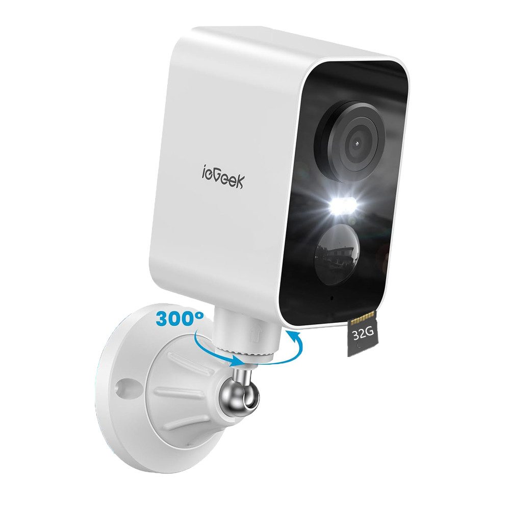 ieGeek Überwachungskamera 2K/3MP Überwachungskamera Aussen Innen Akku Kamera mit 32G TF Karte (Außenbereich, Aussen, Außen, außen/innen, 300° Überwachung Aussen Magnetische Montage mit Farbige Nachtsicht, PIR-Personenerkennung 2-Wege-Audio IP65 Wasserdicht mit Alexa, SD-Karten-Speicher/Cloud-Speicher fur Videos)