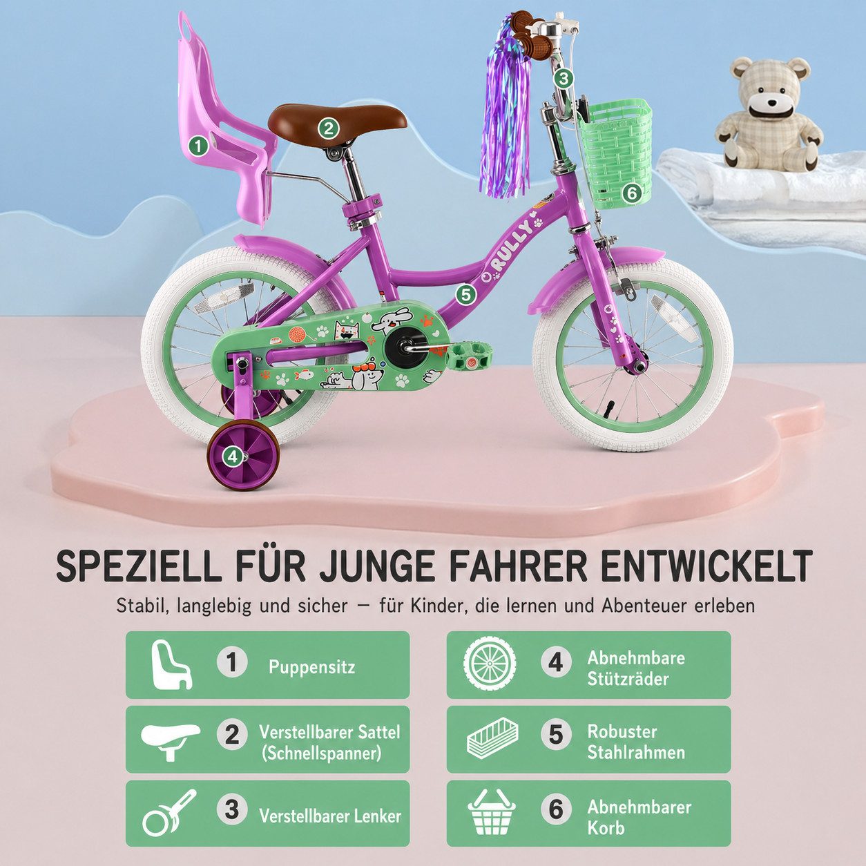 RULLY Kinderfahrrad Kinderfahrrad Mädchen 12/14/16 Zoll für 2–7 Jahre, 1 Gang, Mit Korb, Puppensitz, Stützrädern, Schutzblech & Klingel