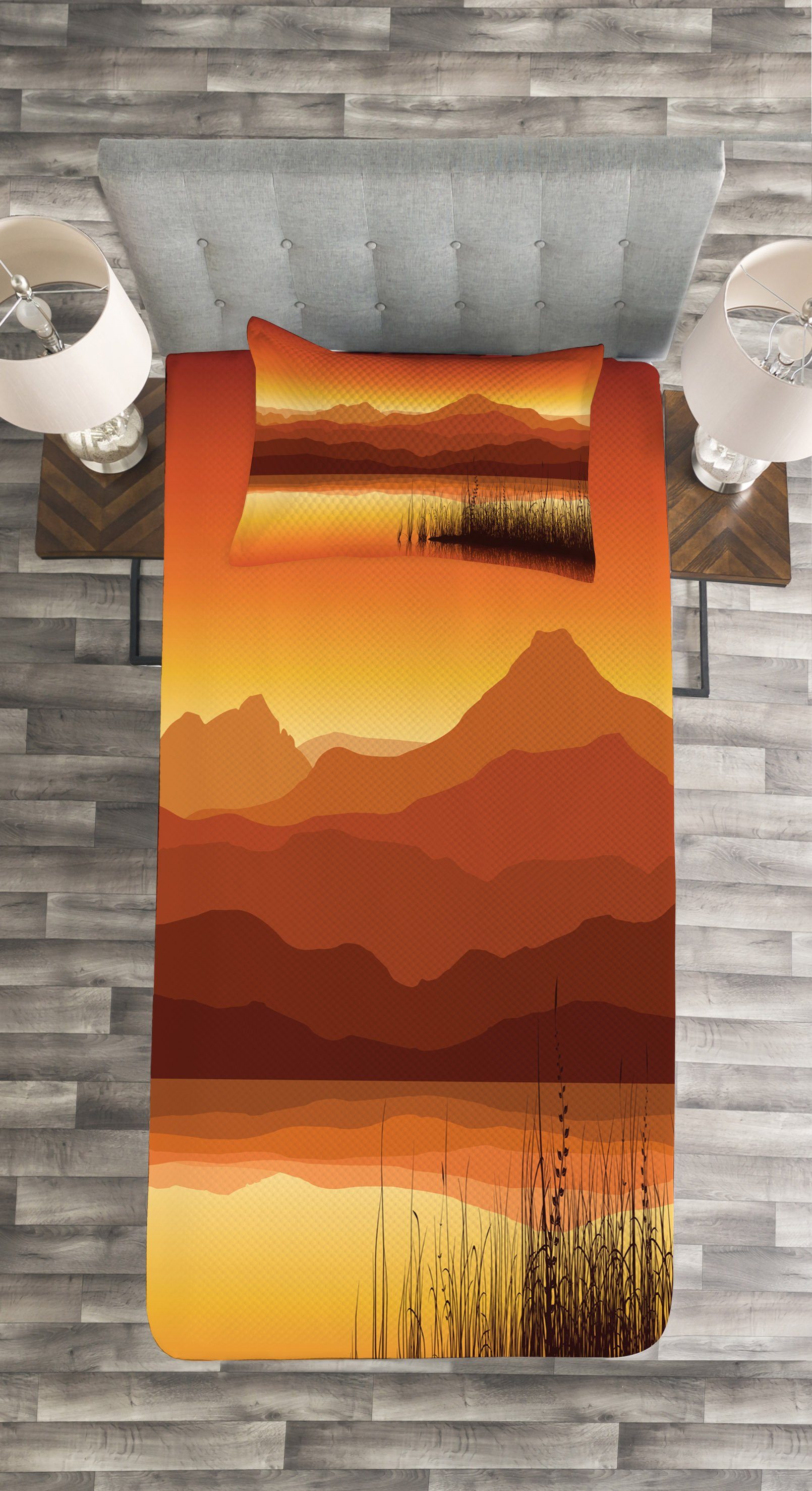 Abstrakte Abakuhaus, Sonnenuntergang Berge See Tagesdecke mit Waschbar, Set Kissenbezügen