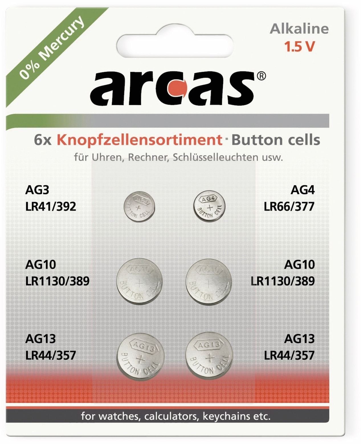 Arcas ARCAS Knopfzellen-Set, AG3, AG4, AG10, AG13 Knopfzelle