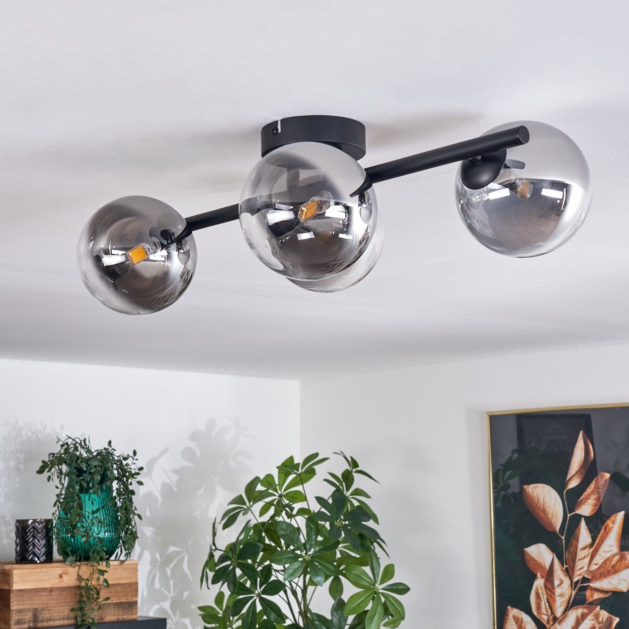 hofstein Deckenleuchte Deckenlampe aus Metall/Glas in Schwarz/Rauchfarben/Klar, ohne Leuchtmittel, Leuchte im Retro-Design aus Glas, 4 x G9 LED, ohne Leuchtmitt – Bild 2 von 5
