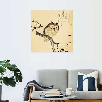 Posterlounge Poster Kubota Shunman, Eule in blühenden Magnolien, Wohnzimmer Japandi Malerei