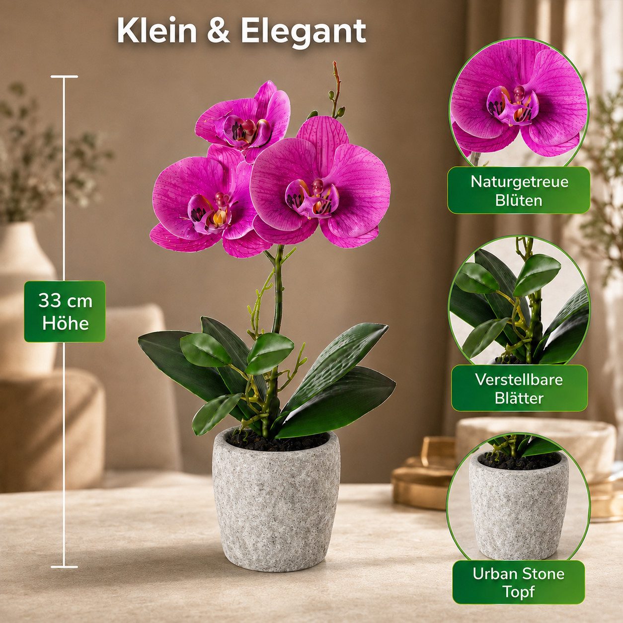 Kunstorchidee 3er Set künstliche Orchideen wie echt (35cm) in Hochglanz-Keramiktopf Orchidee, PASCH – Bild 3 von 5