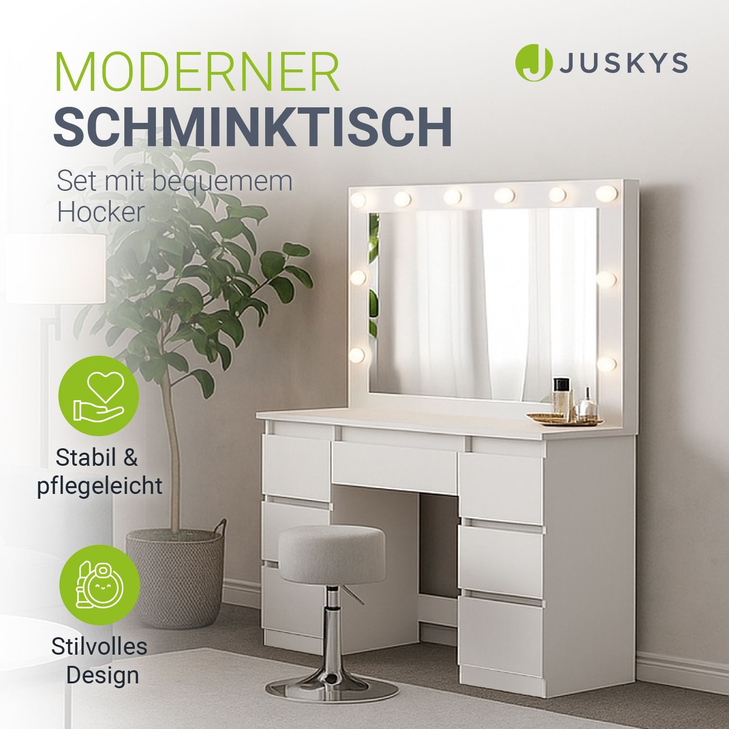 Juskys Schminktisch Lilia (2-St), LED-Beleuchtung, inklusive Hocker, viel S günstig online kaufen
