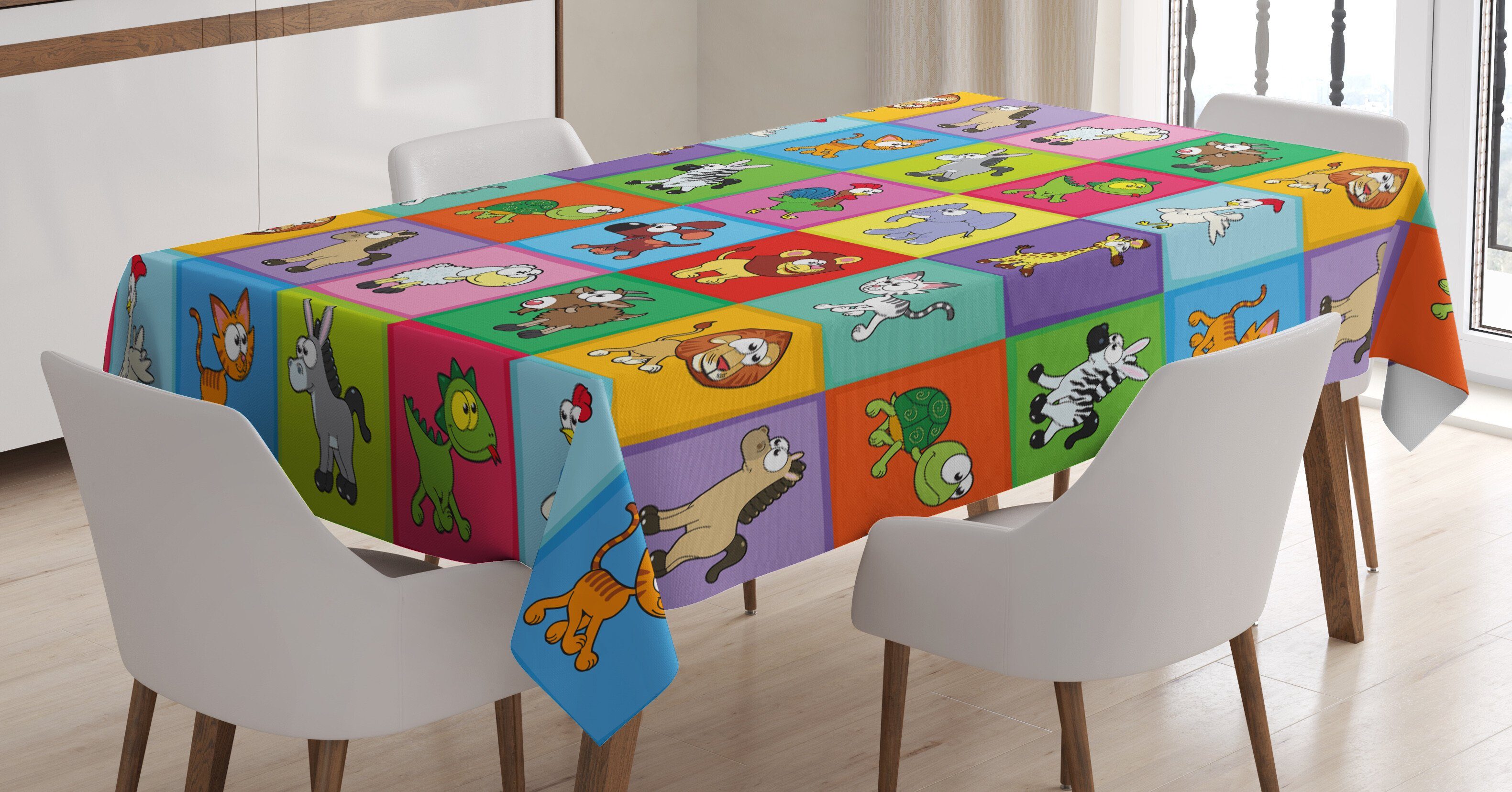 Abakuhaus Tischdecke Farbfest Waschbar Für den Außen Bereich geeignet Klare Farben, Kindergarten Lustige Junge Tiere
