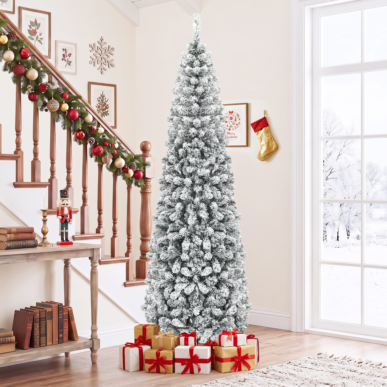 COSTWAY Künstlicher Weihnachtsbaum Tannenbaum schmal, 225 cm, inkl. 641 PVC Zweige mit Schnee