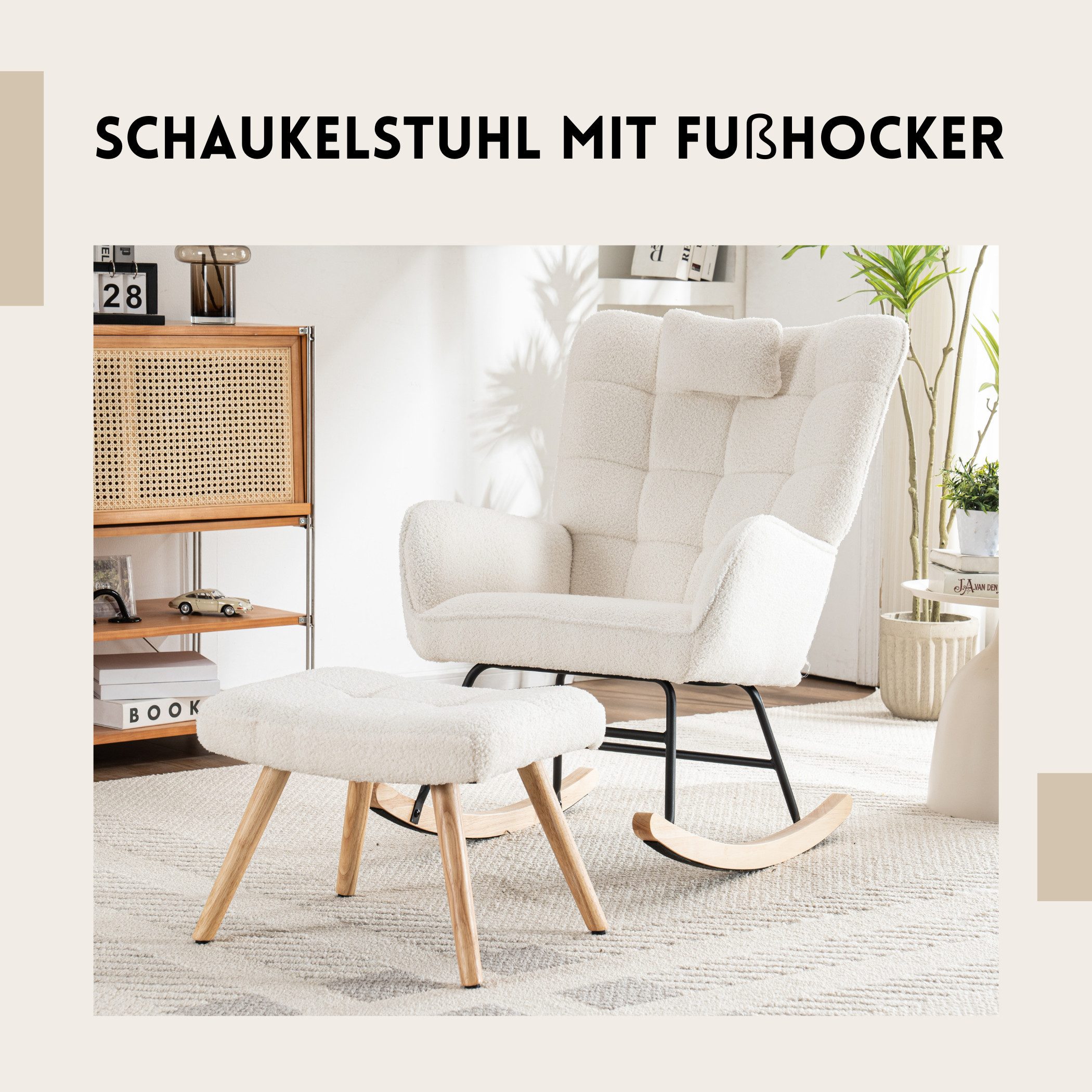 SeedWave Schaukelstuhl Schaukelstuhl Teddy mit Fußhocker und Kopfstütze, weiß, Ergonomischer Stillstuhl, Schaukelsessel für Entspannen, Bis 120kg