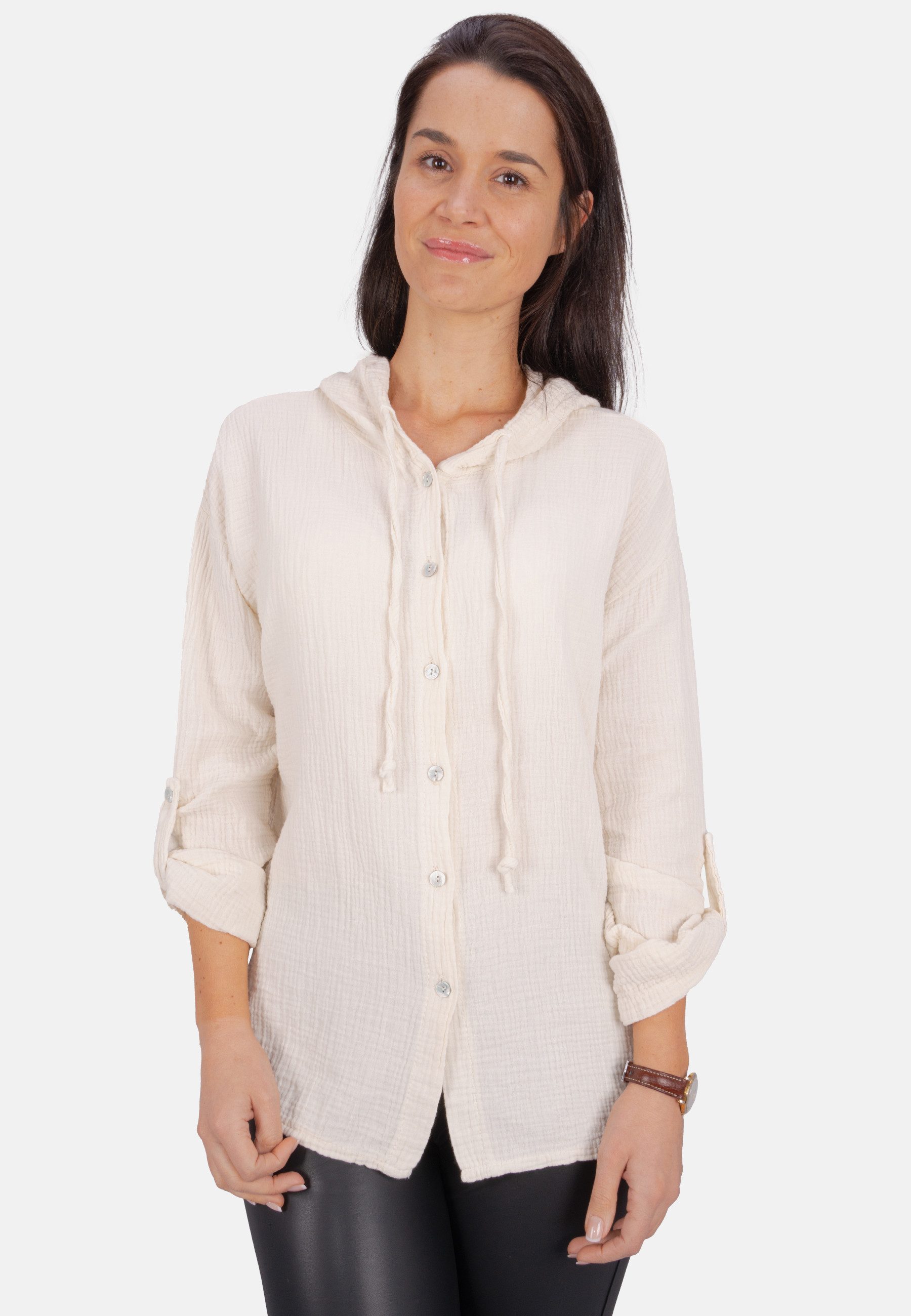 Seasons of April Hemdbluse Musselin Camila Oversized 100% Baumwolle Musselinbluse: Oversized, Halbarm & Kapuze