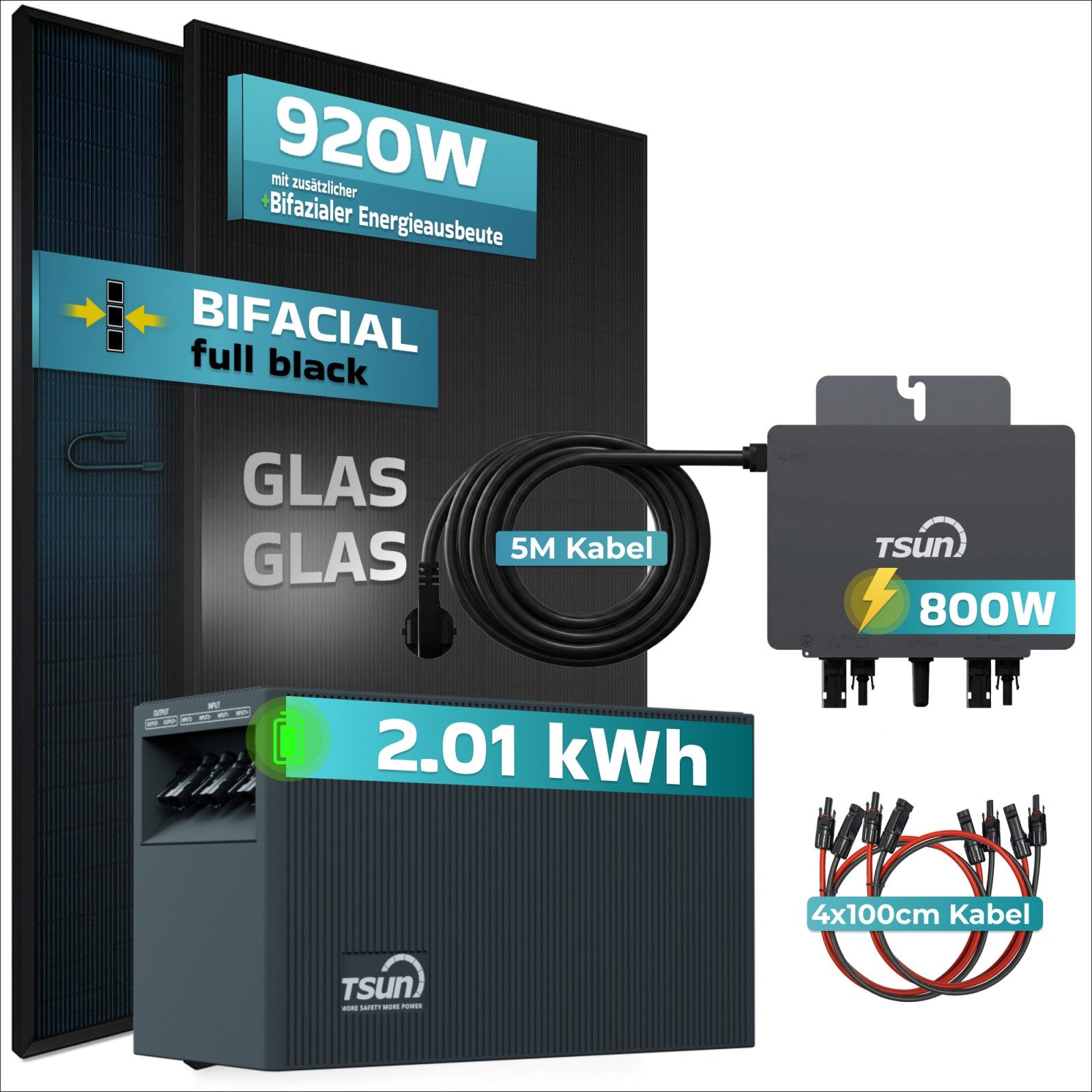 SUNNIVA Balkonkraftwerk 920W mit 2,01 kWh Speicher TSUN SOLARCAN TSOL-DCU2000Lite, (BIFAZIAL FULLBLACK komplett Steckdose, PV Solaranlage Komplettset mit Solarspeicher, 2x 460W Glas-Glas Bifacial)