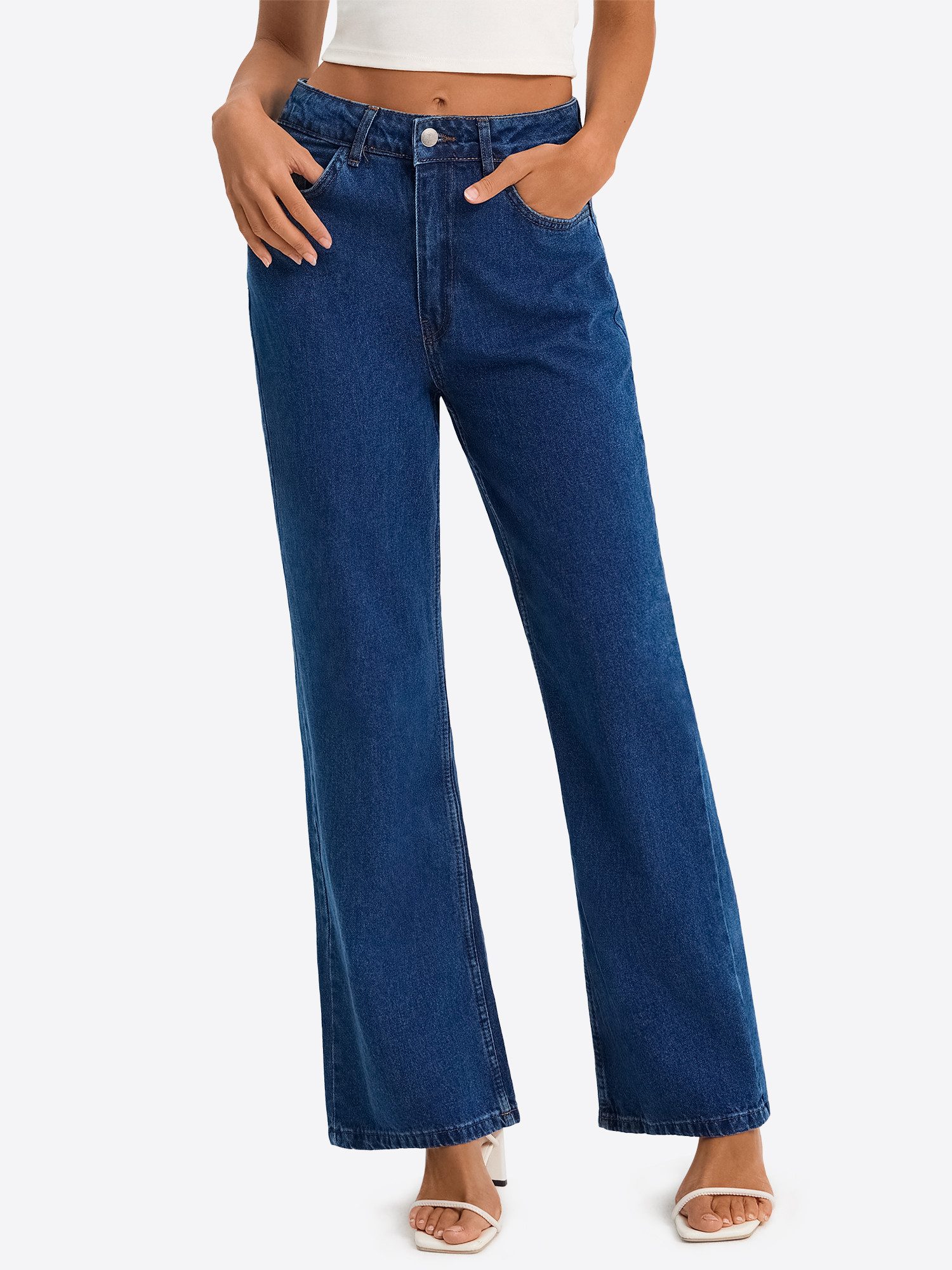 Imily Bela Gerade Jeans Damen High-Waist ausgestellt Jeans aus Baumwolle Denim (Packung, 1-tlg., 1per-Pack) 4-Pocket Style in Unifarbe