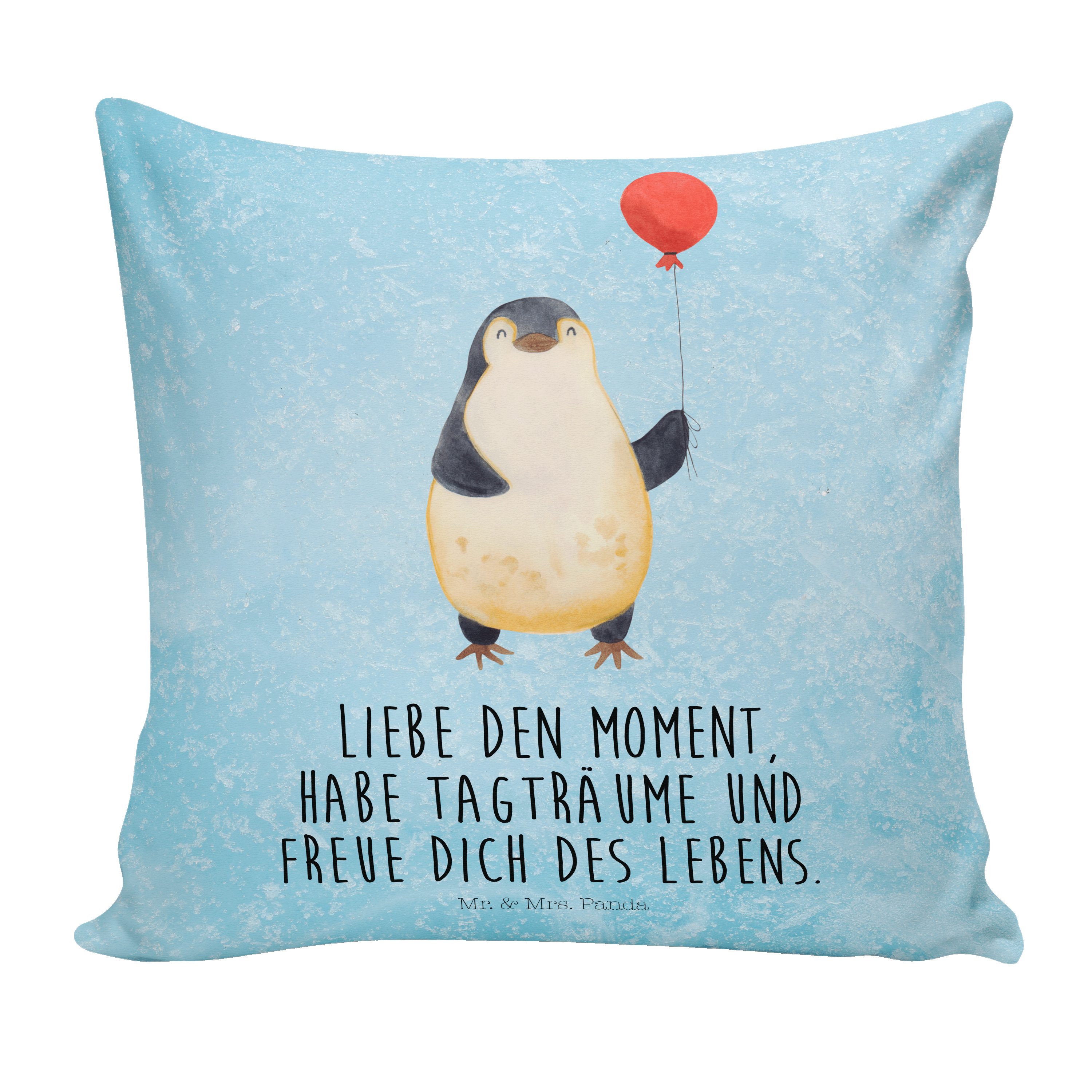 Mr. & Mrs. Panda Dekokissen Pinguin Luftballon - Eisblau - Geschenk, Dekokissen, Kissenhülle, Kop
