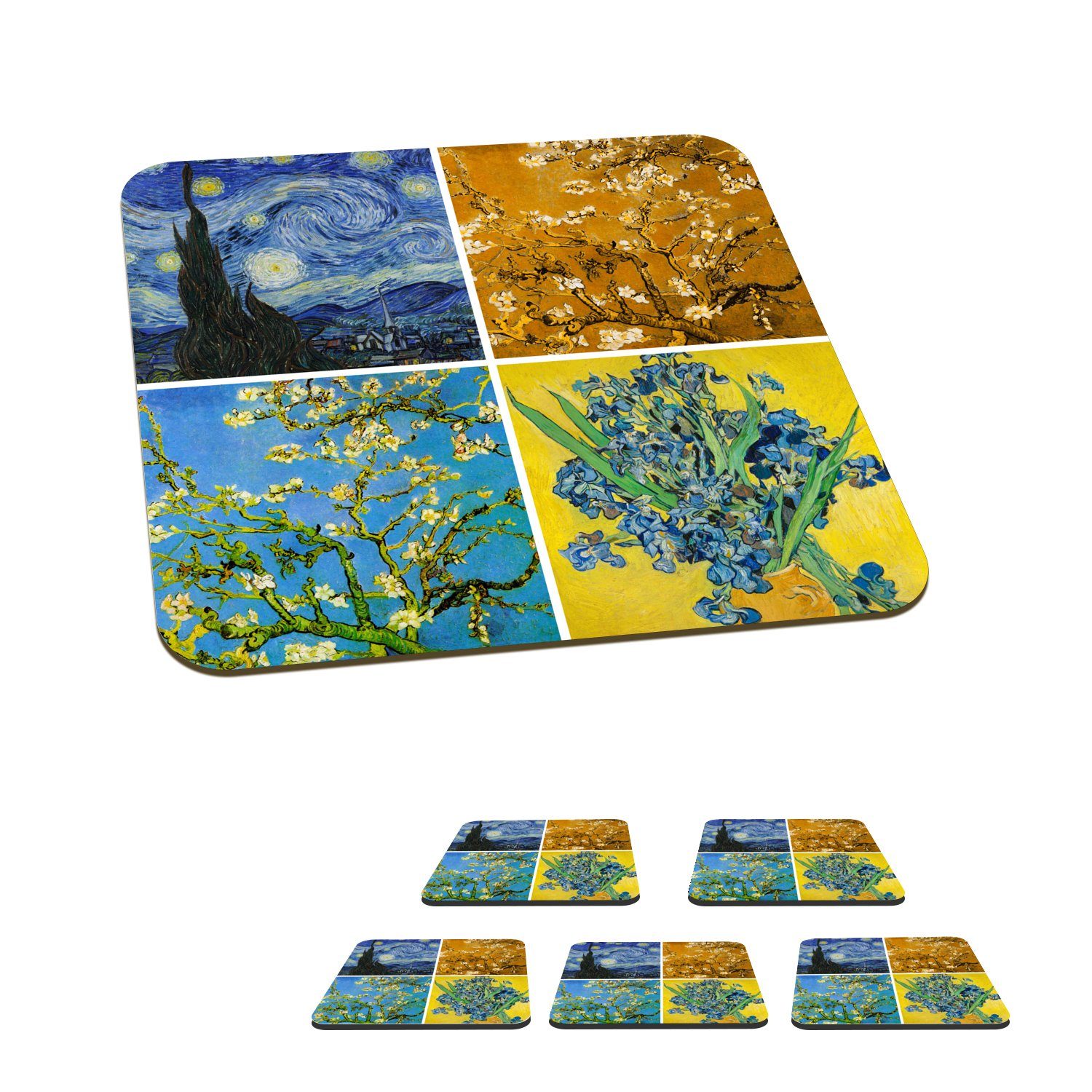 MuchoWow Glasuntersetzer Van Gogh - Sternennacht - Collage, Zubehör für Gläser, 6-tlg., Glasuntersetzer, Tischuntersetzer, Korkuntersetzer, Untersetzer, Tasse