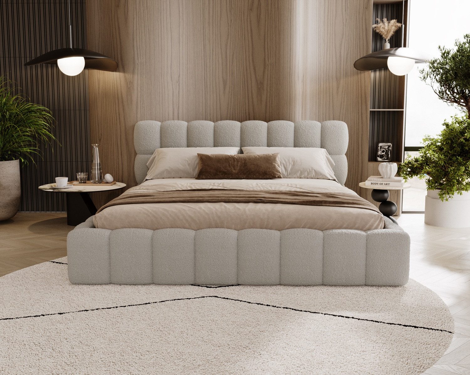 Labett Polsterbett ALMA Bubble Bouclé-Stoff 120x200 140x200 160x200 180x200 200x200cm (Kopfteil im Oversize-Look und Stauraum), hochwertiger Bouclé-Stoff in Creme, Beige, Braun und Schwarz