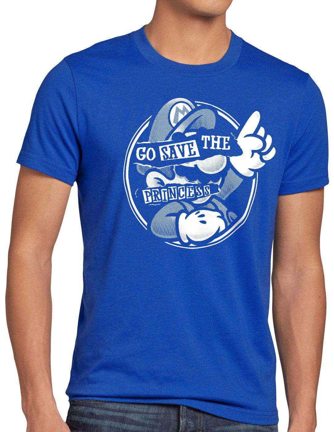 style3 Print-Shirt Herren T-Shirt Go Save the Princess mario switch blau
