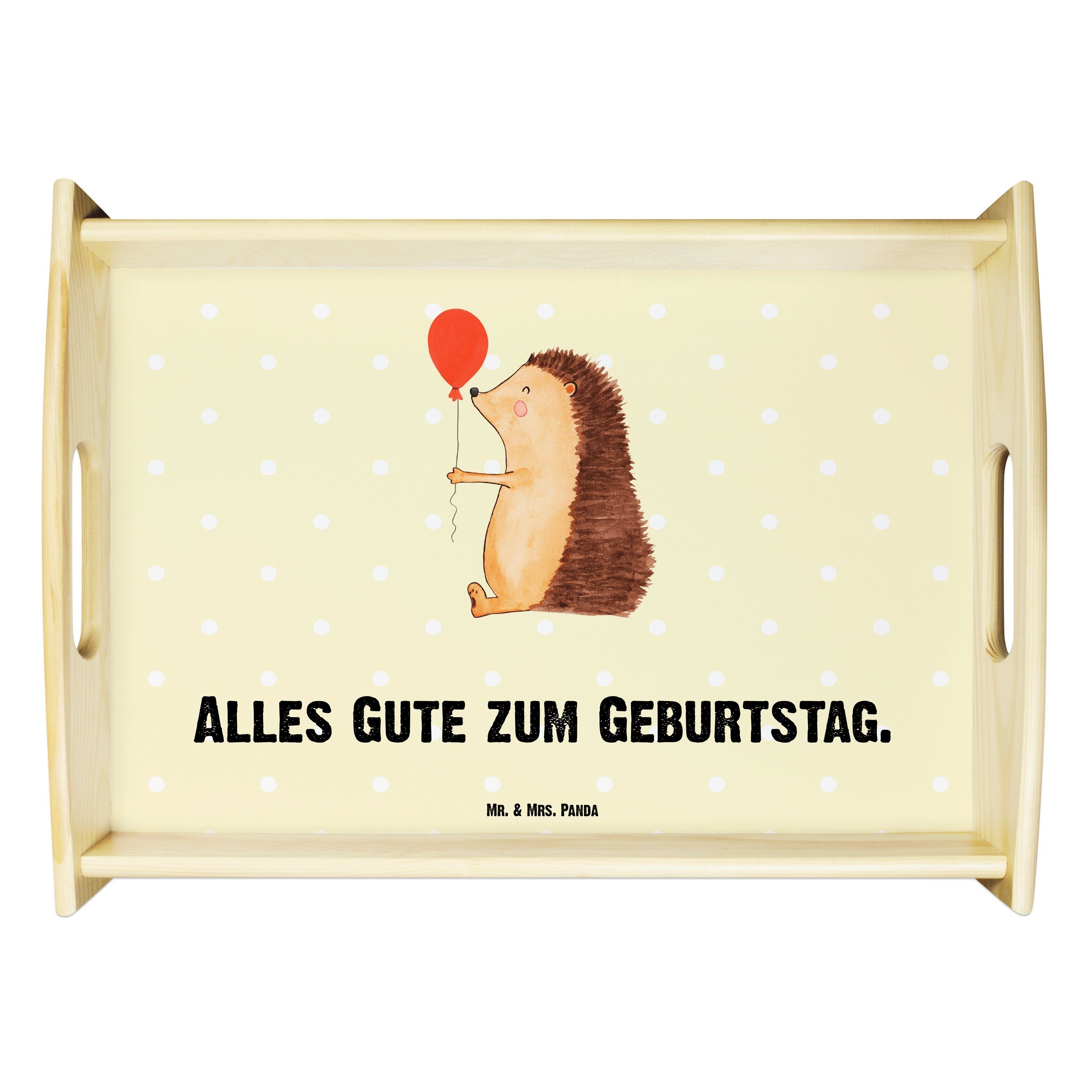 Mr. & Mrs. Panda Tablett Igel mit Luftballon - Gelb Pastell - Geschenk, lustige Sprüche, Dekot, Echtholz lasiert, (1-tlg)