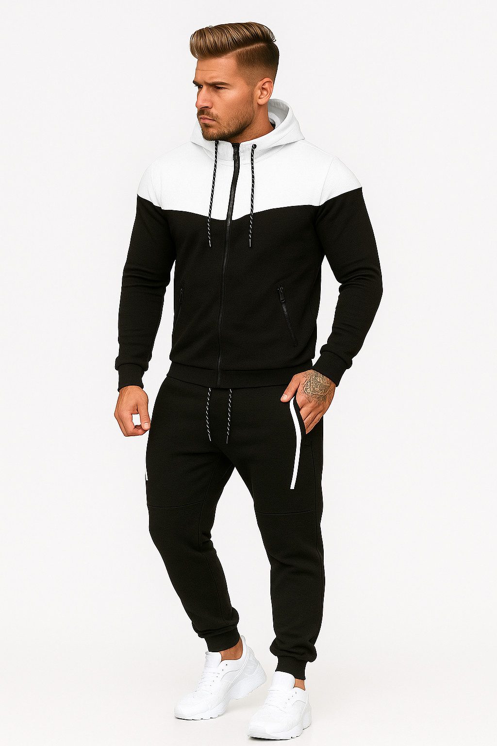 L.gonline Freizeitanzug Herren Jogginganzug, Freizeitanzug 984 Schwarz-Weiss XXL (Kapuzenjacke mit Reißverschluss, Hose, 2-tlg), Fitness …