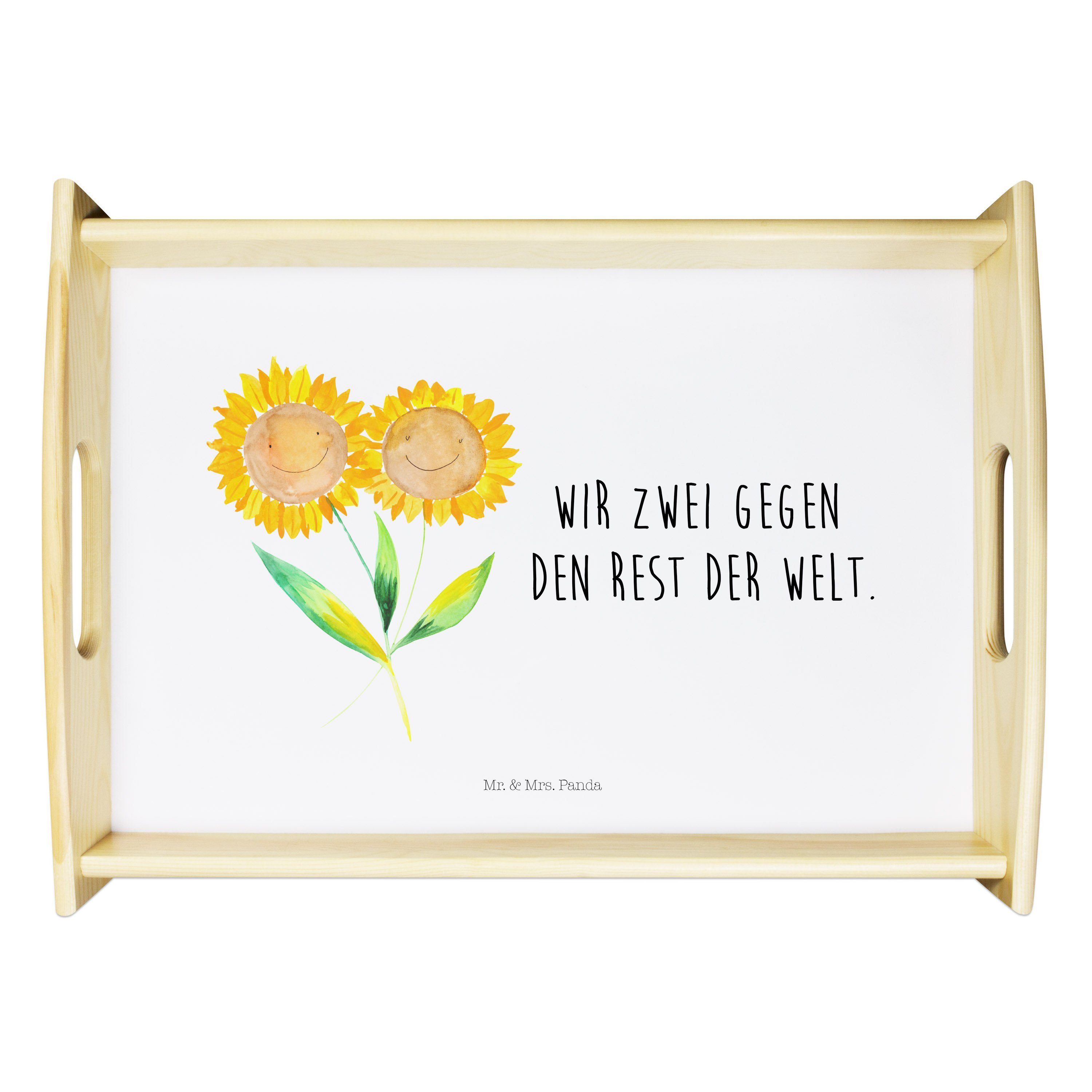 Mr. & Mrs. Panda Tablett Sonnenblume - Weiß - Geschenk, Holztablett, Best friends, Blumen, Lie, Echtholz lasiert, (1-tlg)