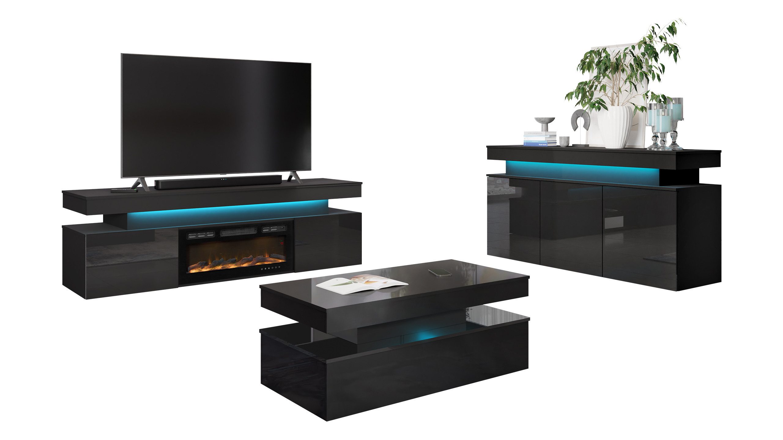 MIRJAN24 Wohnzimmer-Set Glossa II, (3er-Set, Kommode, TV-Lowboard mit Kamin günstig online kaufen