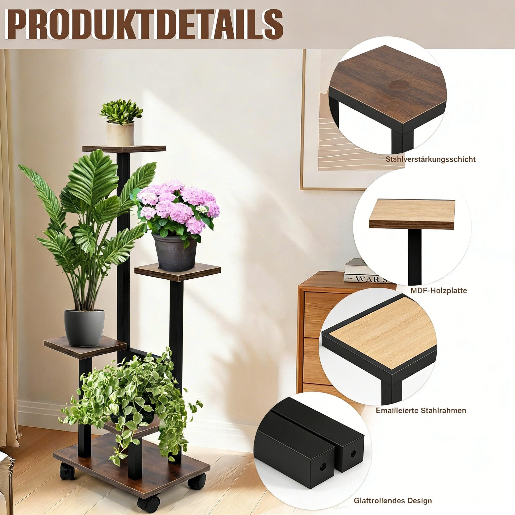 BlingBin Blumenständer Pflanzenständer mit Rollen 5 Ebenen – Blumenregal aus Holz und Metall (5-stöckiger, fahrbarer Blumenständer mit Rädern, 1 St., 1 × Pflanzenständer mit Rollen 85 × 34 × 23 cm), quadratisches Pflanzenregal,stabil & kippsicher, für Wohnzimmer,Balkon