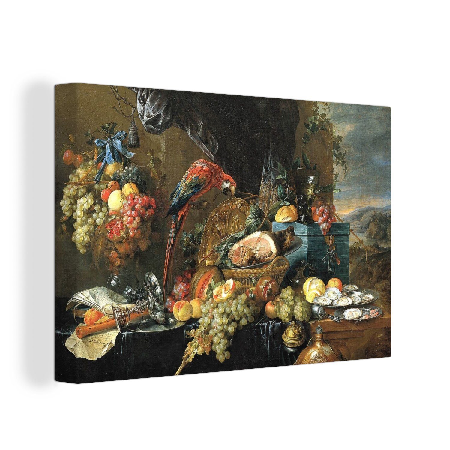 OneMillionCanvasses® Leinwandbild Ein reich gedeckter Tisch mit Papageien - Gemälde von Jan Davidsz de, (1 St), Wandbild Leinwandbilder, Aufhängefertig, Wanddeko, 30x20 cm
