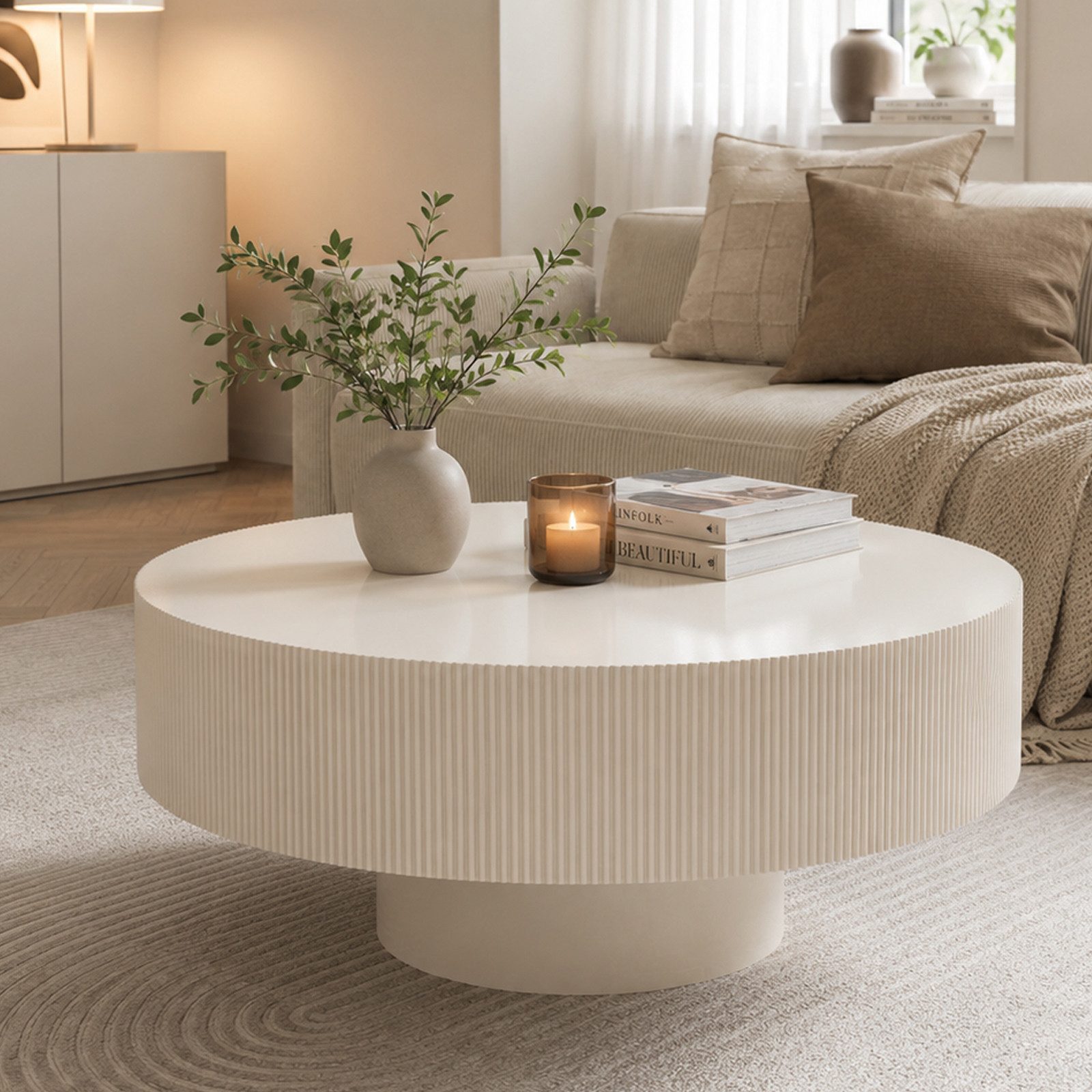 PEALOV Couchtisch mit Rillenoptik, Runder Sofatisch aus MDF, Werkzeuglose Montage (1-St), für Wohnzimmer, Schlafzimmer und Büro, Ø 78,5 cm/Ø 70cm