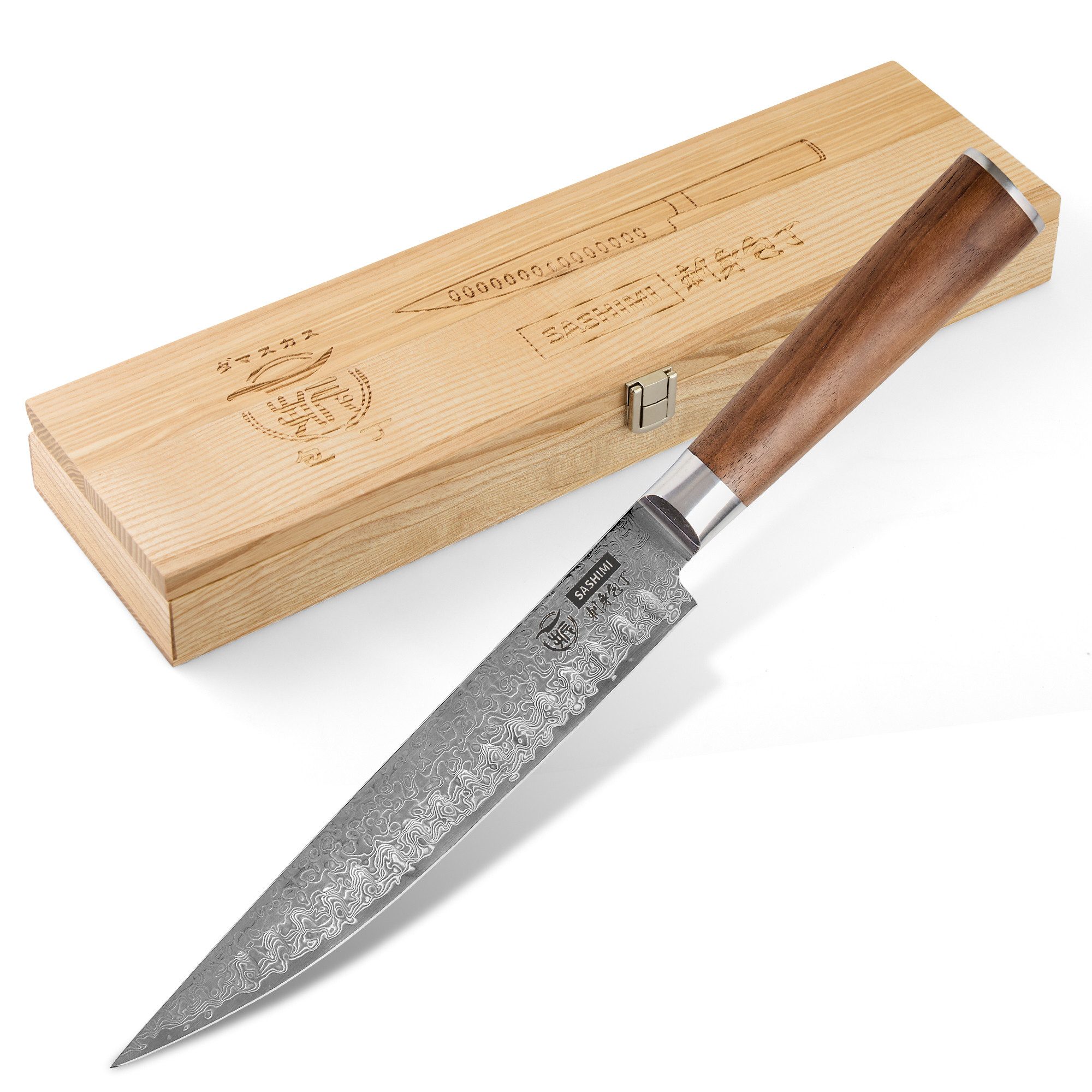HITOFURI® Damastmesser HITOFURI® SASHIMI Damaskusmesser Universalmesser Premium Messer 73Lag., inkl. einer edlen Holzbox, Messerscheide, Pflegetuch sowie Pflegeöl