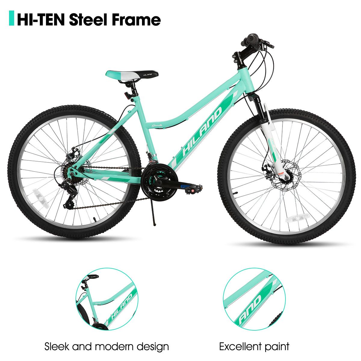 HILAND Mountainbike 26 Zoll Damen Fahrrad, MTB für Damen und Erwachsene, Mit 18-Gang und gefederte Vorderradgabel, mechanische Scheibenbremsen