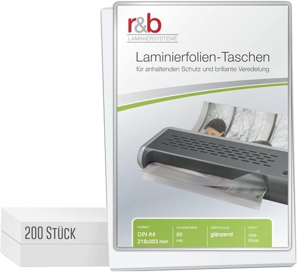 r&b Laminiersysteme Laminierfolie Laminierfolien A4 200 oder 500 Stück (216 x 303 mm), 2 x 80 mic, 160 µm, glänzend, 2x80 Mic, DIN A4, glänzend, transparent
