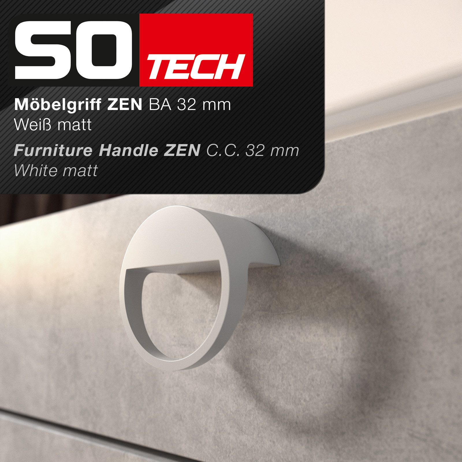 SO-TECH® Möbelgriff ZEN BA 32 mm Möbelknopf Ø 59 mm, Tiefe 29 mm (1-St), Knopfgriff weiß matt