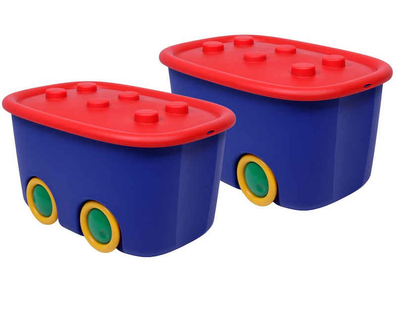 ONDIS24 Aufbewahrungsbox Spielzeugaufbewahrungsbox Spielzeugkiste Kinder (2er Set), 46 liter, Spielzeugbox Funny mit großen Rädern und aufliegendem Deckel