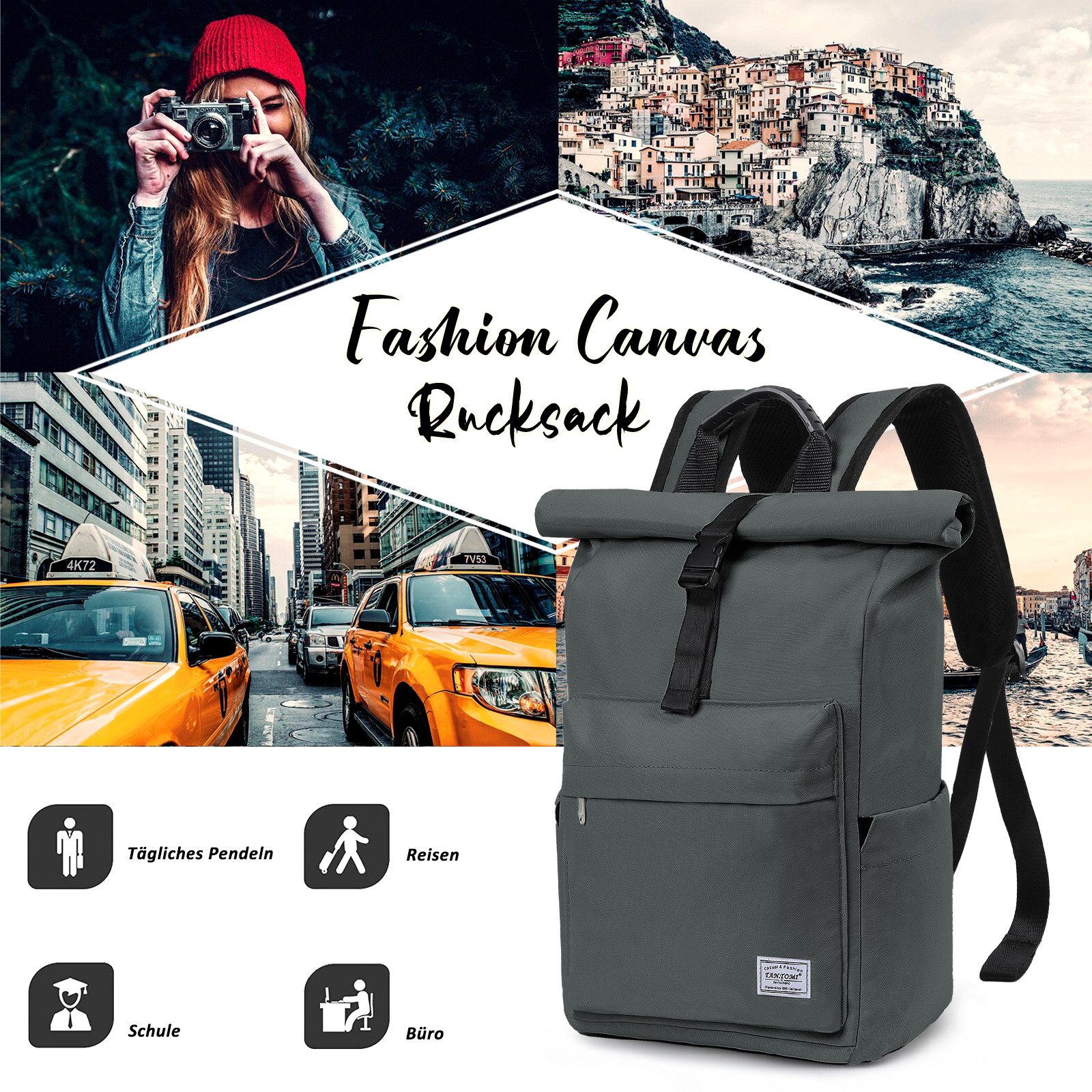 TAN.TOMI Cityrucksack Rolltop Rucksack Damen Herren, Rucksack Laptop Tasche 15,6 Zoll (Damen Herren weit öffenbar, Rolltop Rucksack wasserabweisend), Backpack Daypack für Schule,Fahrradfahren,Freizeit und Reise