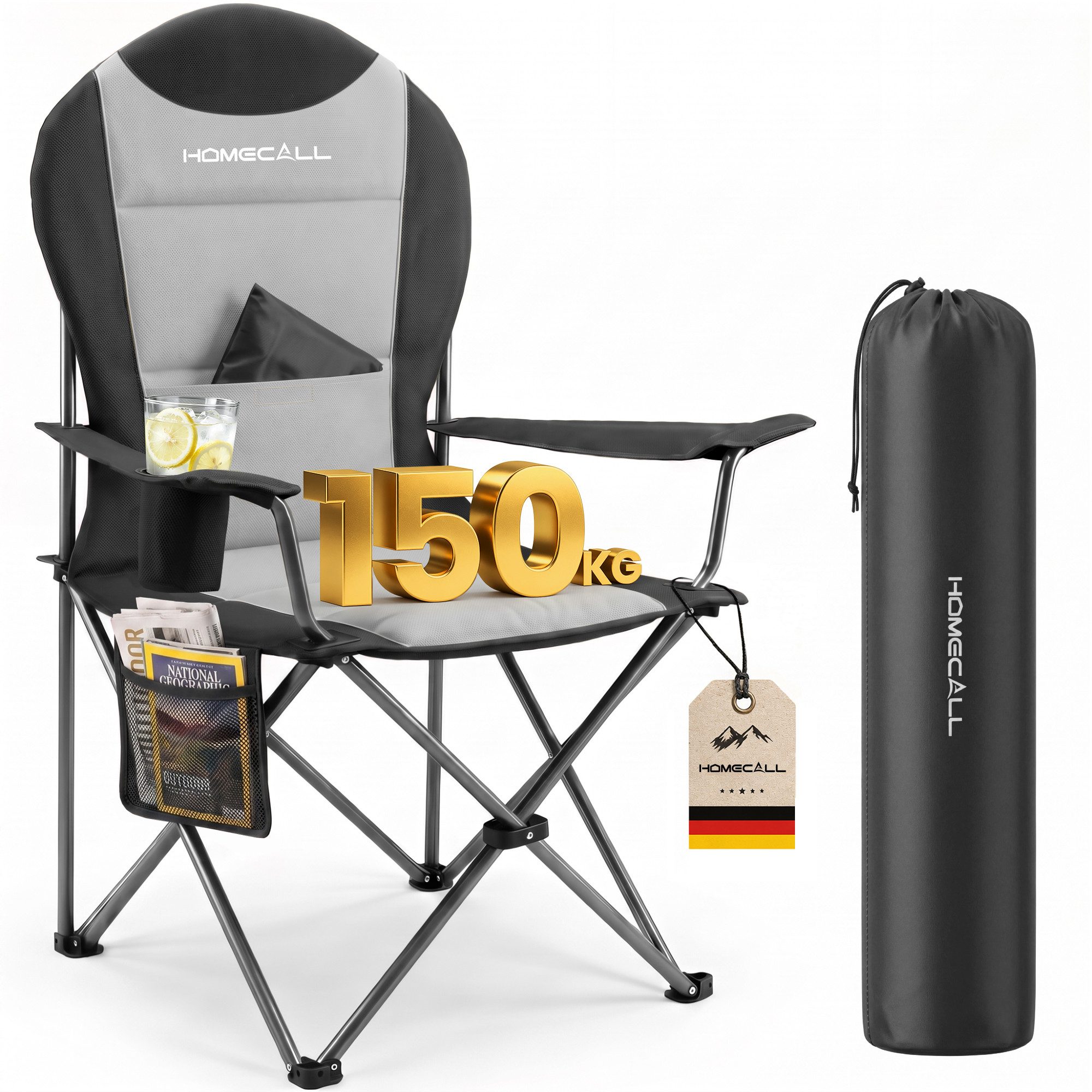 HOMECALL Campingstuhl Hochlehner 110cm mit Lendenwirbelstütze Klappstuhl Angelstuhl Faltbar (Bis 150kg, gepolstert, faltbar, stabil, 1 St), für Camp Garten Balkon