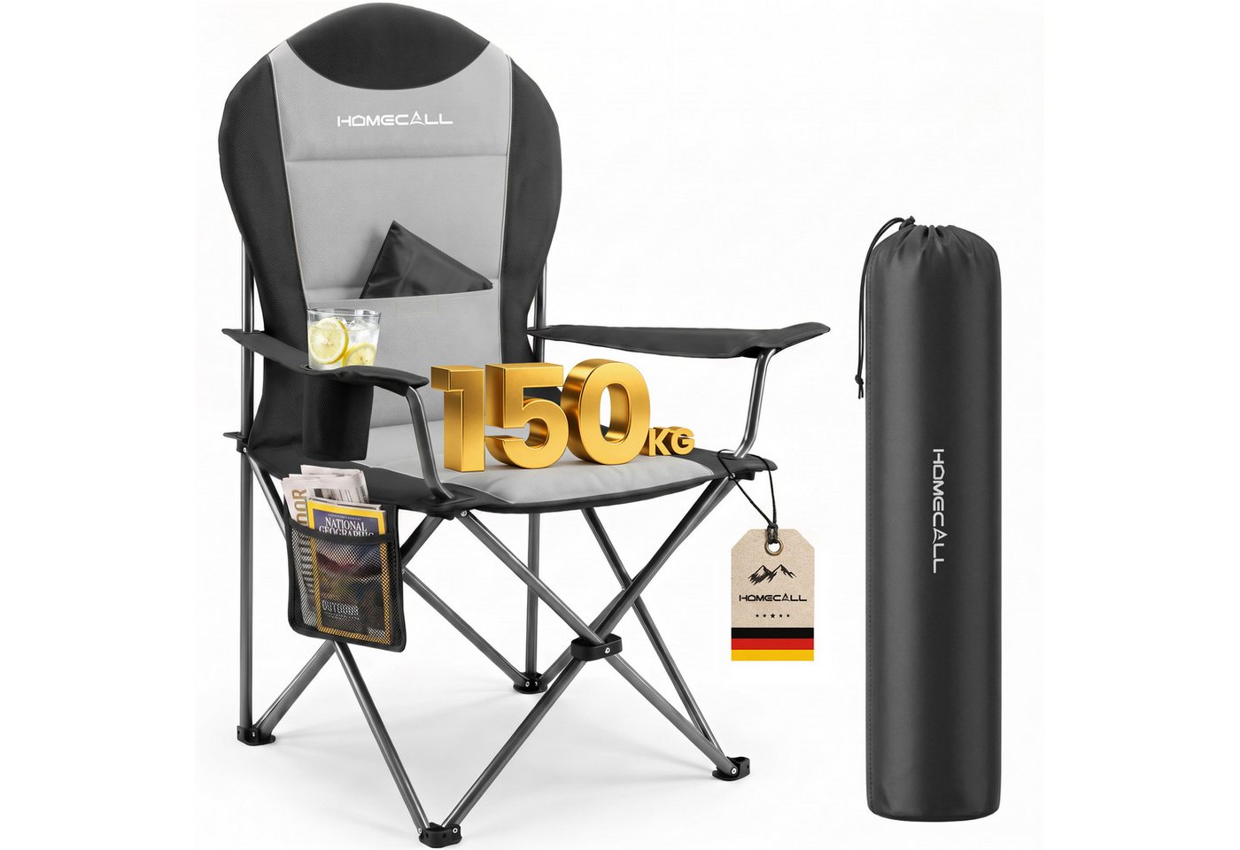 HOMECALL Campingstuhl Hochlehner 110cm mit Lendenwirbelstütze Klappstuhl Angelstuhl Faltbar (Bis 150kg, gepolstert, faltbar, stabil, 1 St), für Camp Garten Balkon