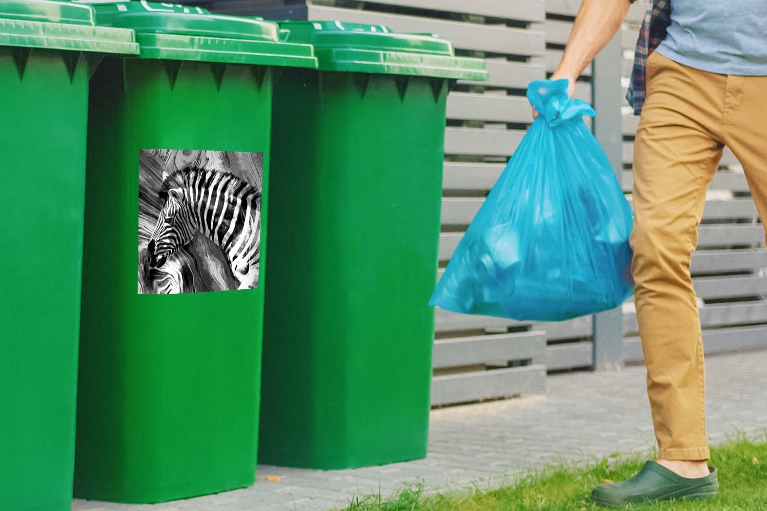 MuchoWow Wandsticker Gemälde St), - - (1 - - Sticker, - Abfalbehälter Tiere Ölfarbe Container, Mülltonne, Zebra Mülleimer-aufkleber, Weiß Schwarz