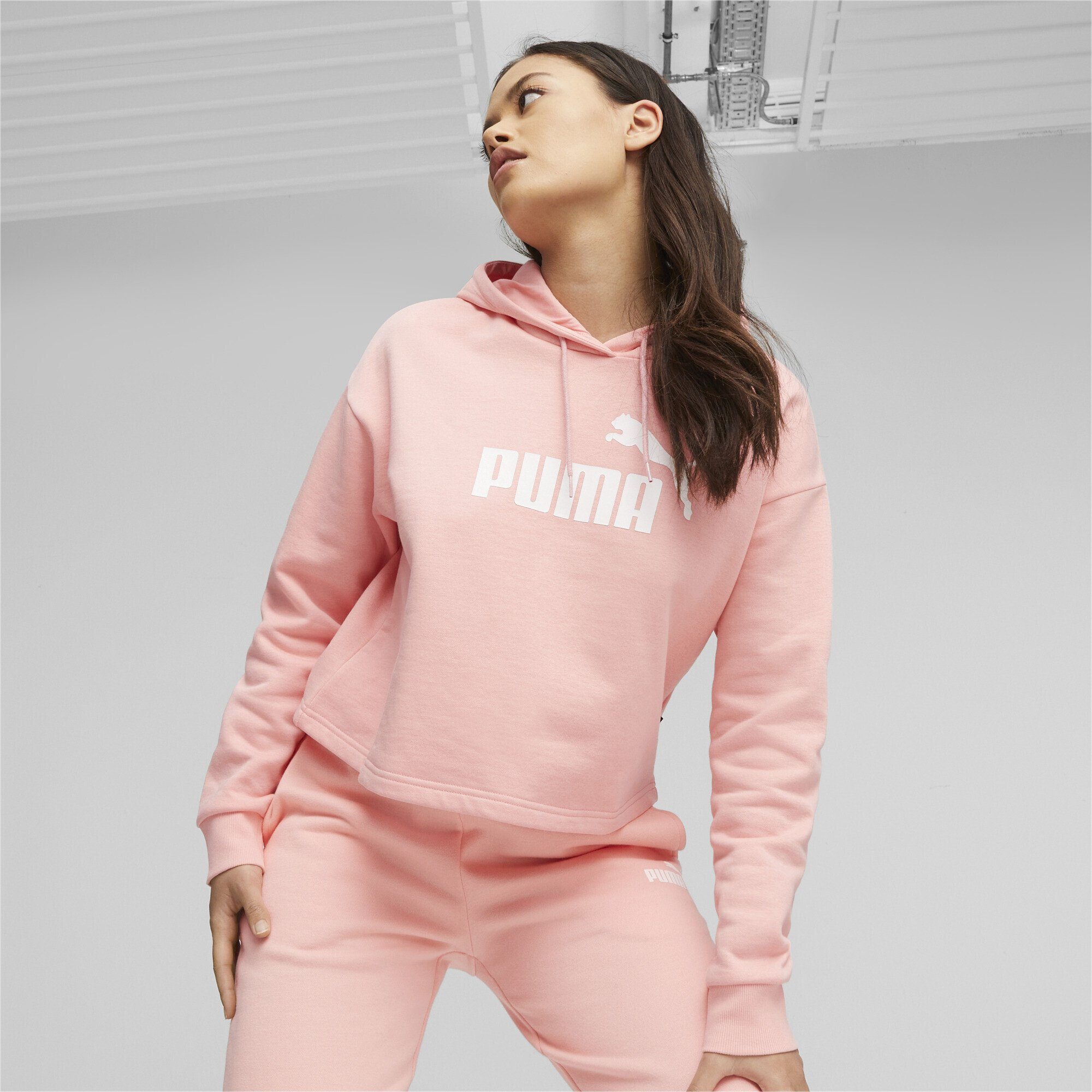 Sweatshirt Logo Peach Cropped Pink Essentials+ PUMA Damen Hoodie Smoothie