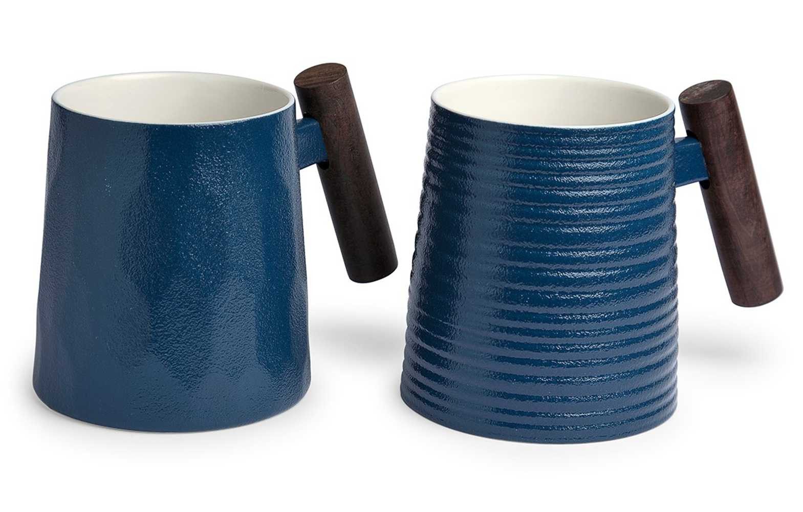TeaLogic Tasse Blu 2er Set Becher mit Holzgriff 0,4 l Porzellan, 2-tlg.