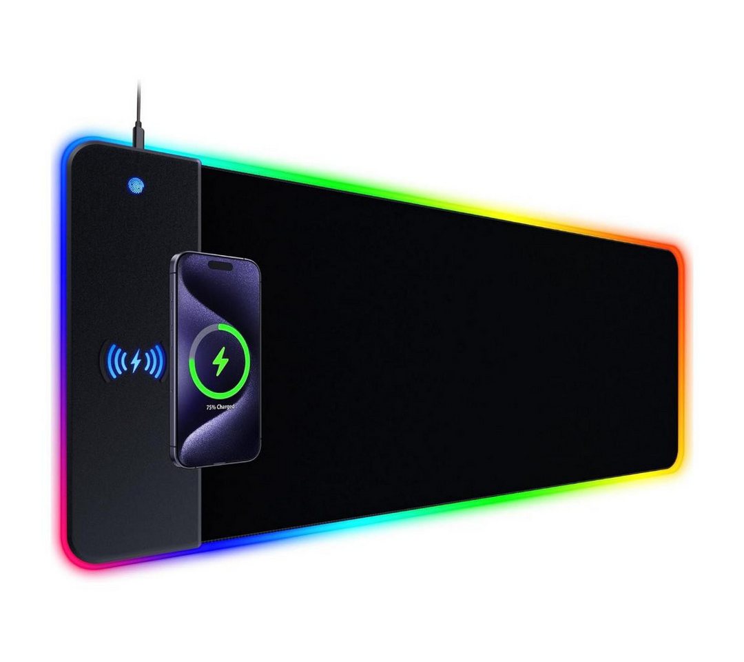 ibettertec Mauspad XXL RGB Gaming mit 15 W kabelloser Ladefläche, 800 x 300 mm, Mousepad Schreibtischunterlage, 14 RGB-Modi, rutschfest, pflegeleicht