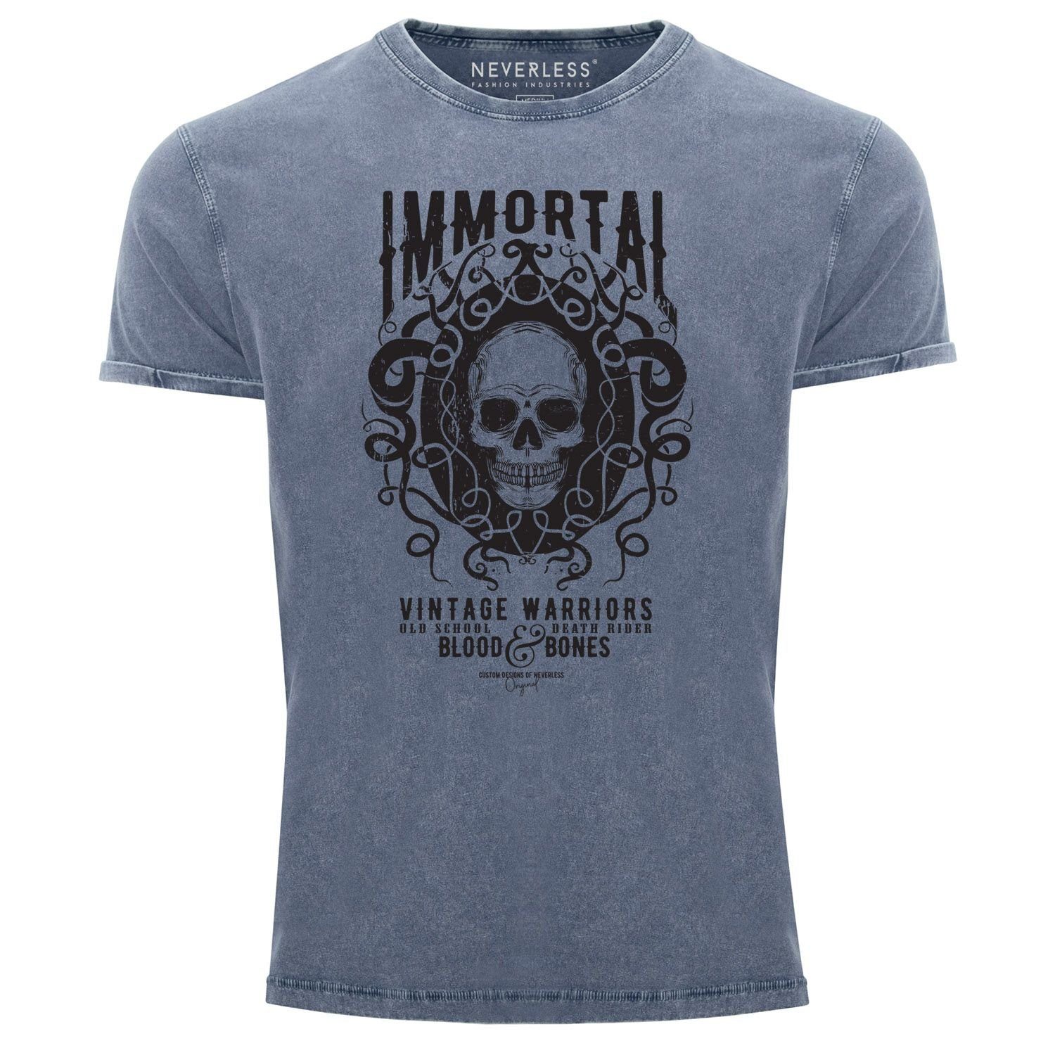 Neverless Print-Shirt Neverless® Herren T-Shirt Vintage Shirt Printshirt Immortal Skull Vintage Warriors Totenkopf Aufdruck Used Look Slim Fit mit Print blau