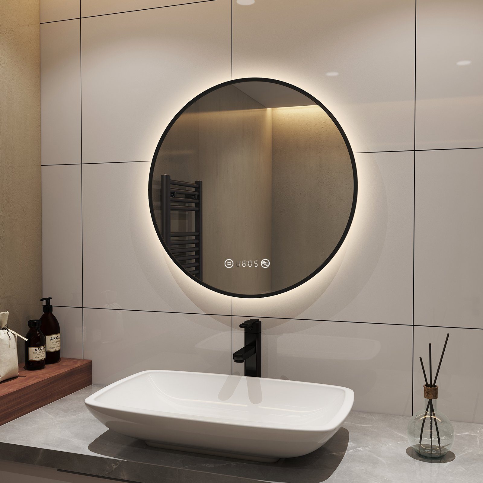 S'AFIELINA Badspiegel Runder LED Einstellbar Schwarz Wandspiegel, 4300K,Helligkeit TouchSchalter,Beschlagfrei,Neutralweiß Energiesparender Badezimmerspiegel