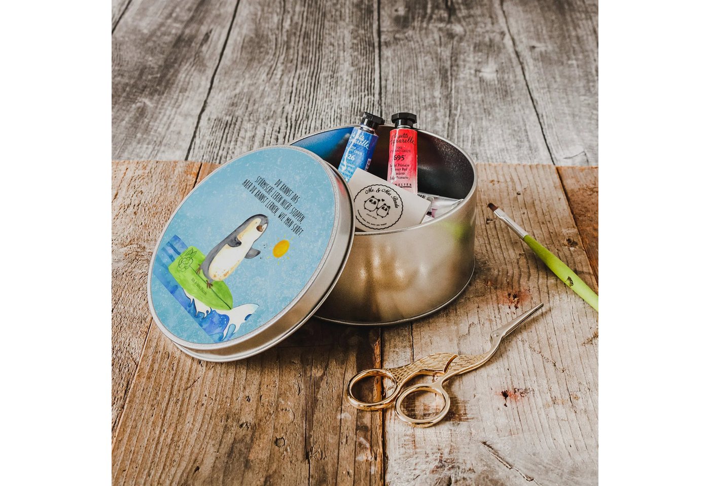 Thumbnail - Mr. & Mrs. Panda Aufbewahrungsdose Pinguin Surfer - Eisblau - Geschenk, Portugal, Hawaii, Runde Dose Mit (Packung, 1 St....