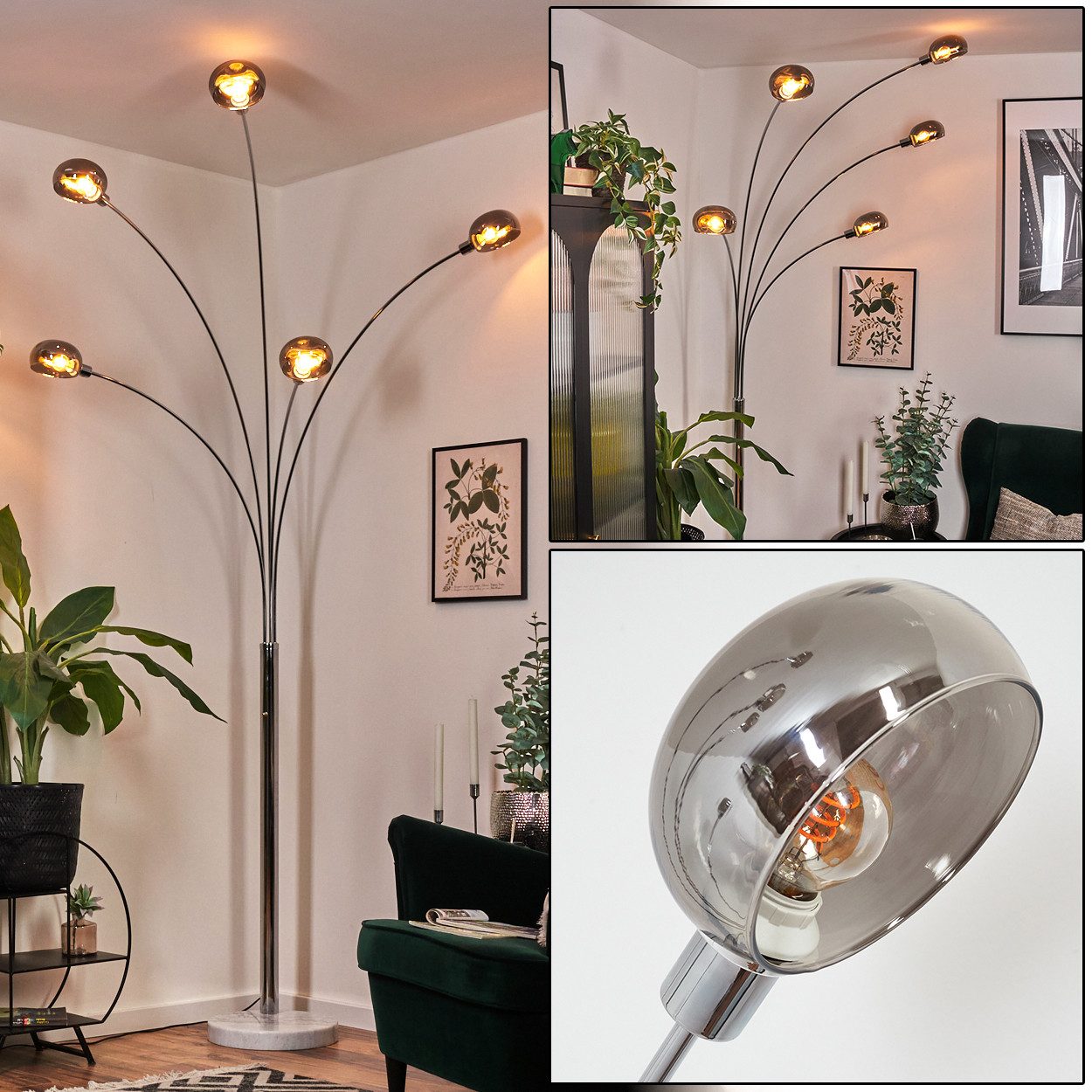 hofstein Stehlampe Stehlampe aus Metall in Weiß/Chrom-/Rauchfarben mit Marmorfuß, ohne Leuchtmittel, verstellbar, im Retro/Vintage-Design, Schalter am Gehäuse, E14
